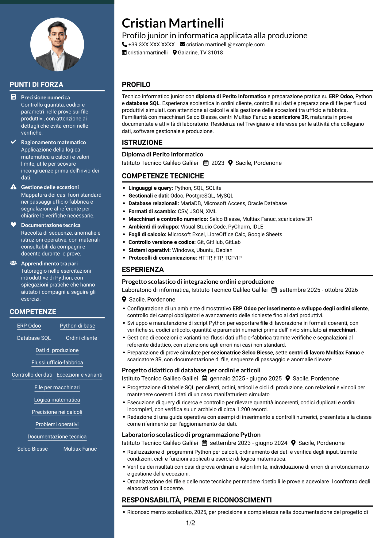 CV Elegante (formato con colonna laterale colorata e foto): Tecnico informatico junior - Ordini e dati di produzione, pagina 1