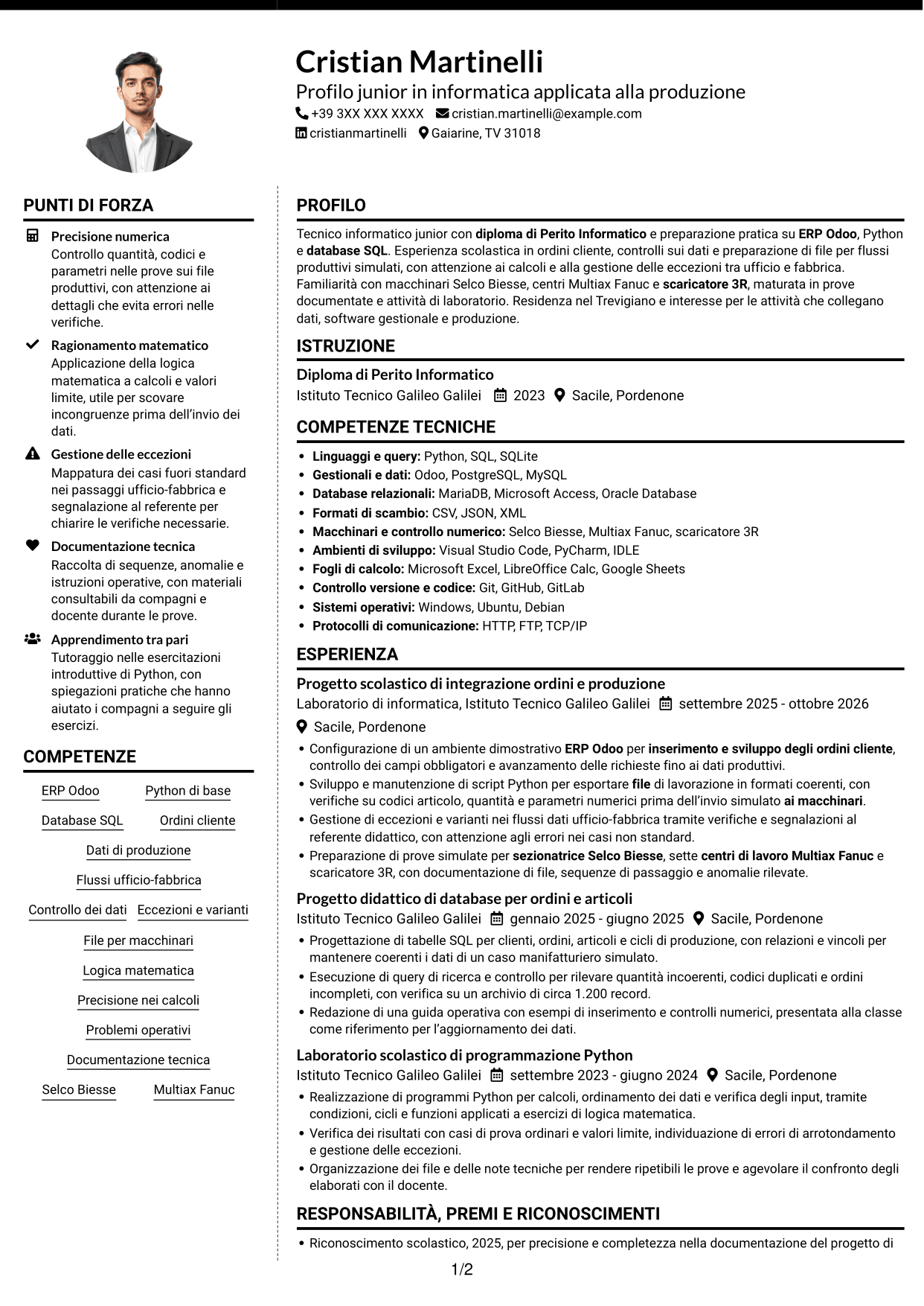 CV Moderno (formato a due colonne con foto a sinistra e separatore): Tecnico informatico junior - Ordini e dati di produzione, pagina 1