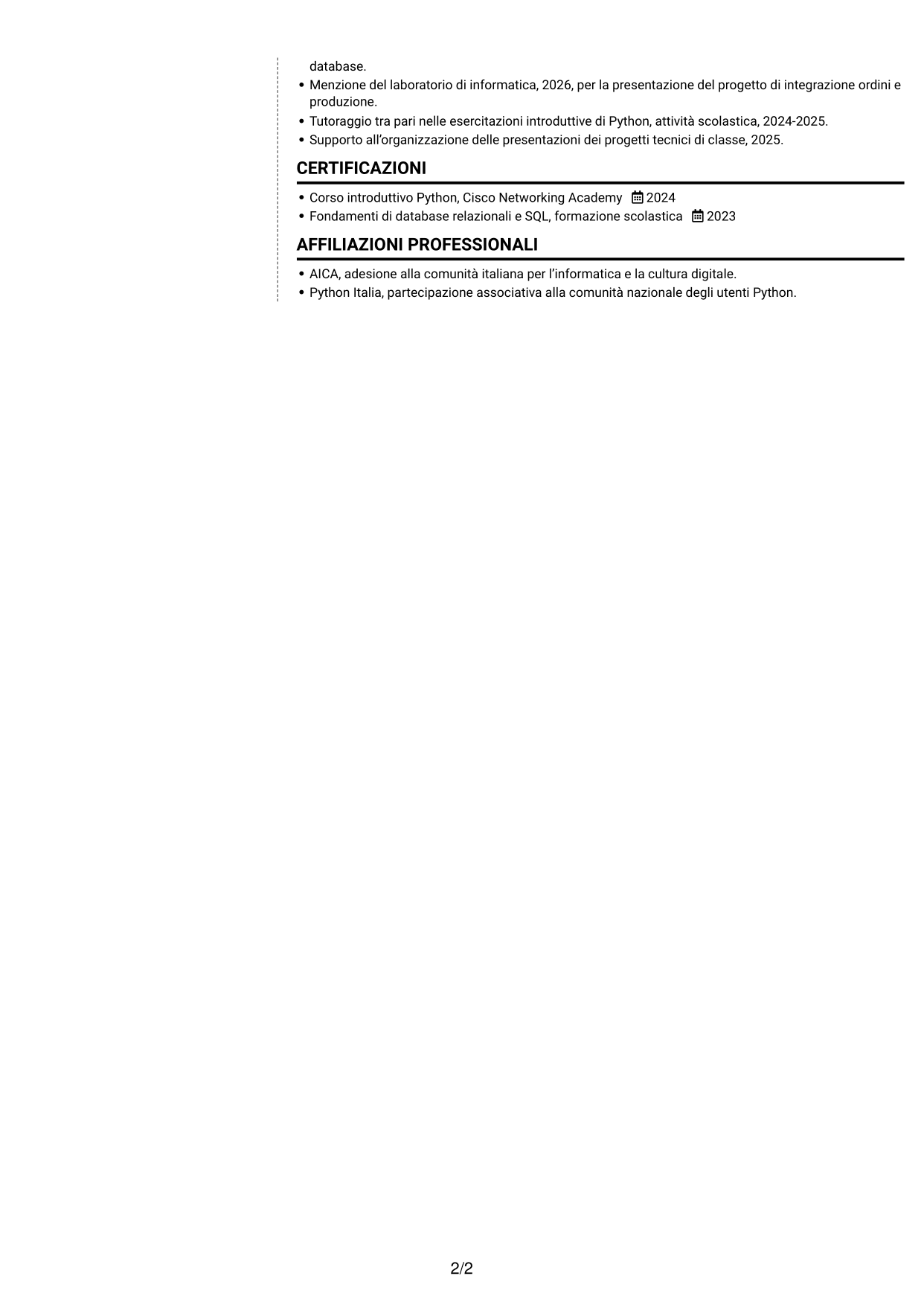 CV Moderno (formato a due colonne con foto a sinistra e separatore): Tecnico informatico junior - Ordini e dati di produzione, pagina 2