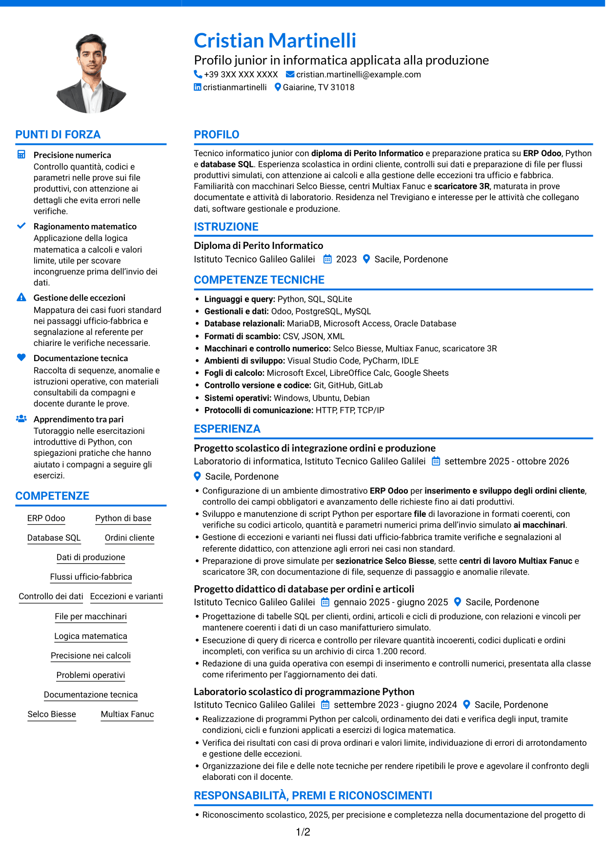 CV Audace (formato a due colonne con accenti colorati e foto): Tecnico informatico junior - Ordini e dati di produzione, pagina 1