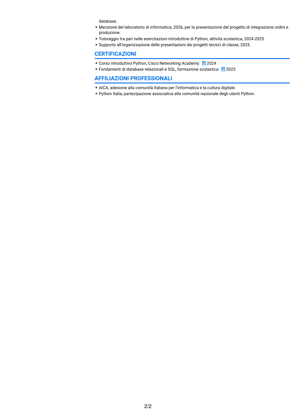 CV Audace (formato a due colonne con accenti colorati e foto): Tecnico informatico junior - Ordini e dati di produzione, pagina 2