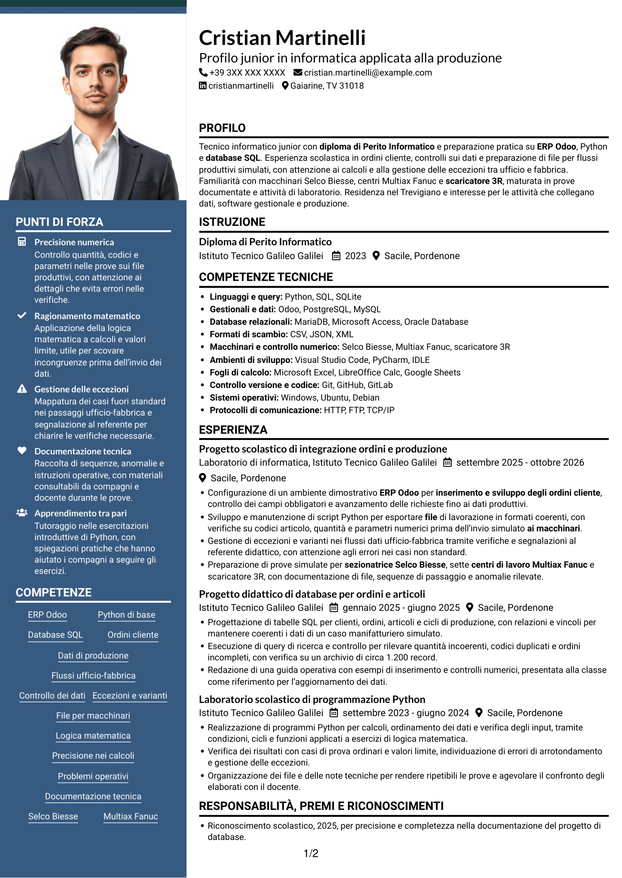 CV Signature (formato con colonna laterale colorata e foto grande): Tecnico informatico junior - Ordini e dati di produzione, pagina 1