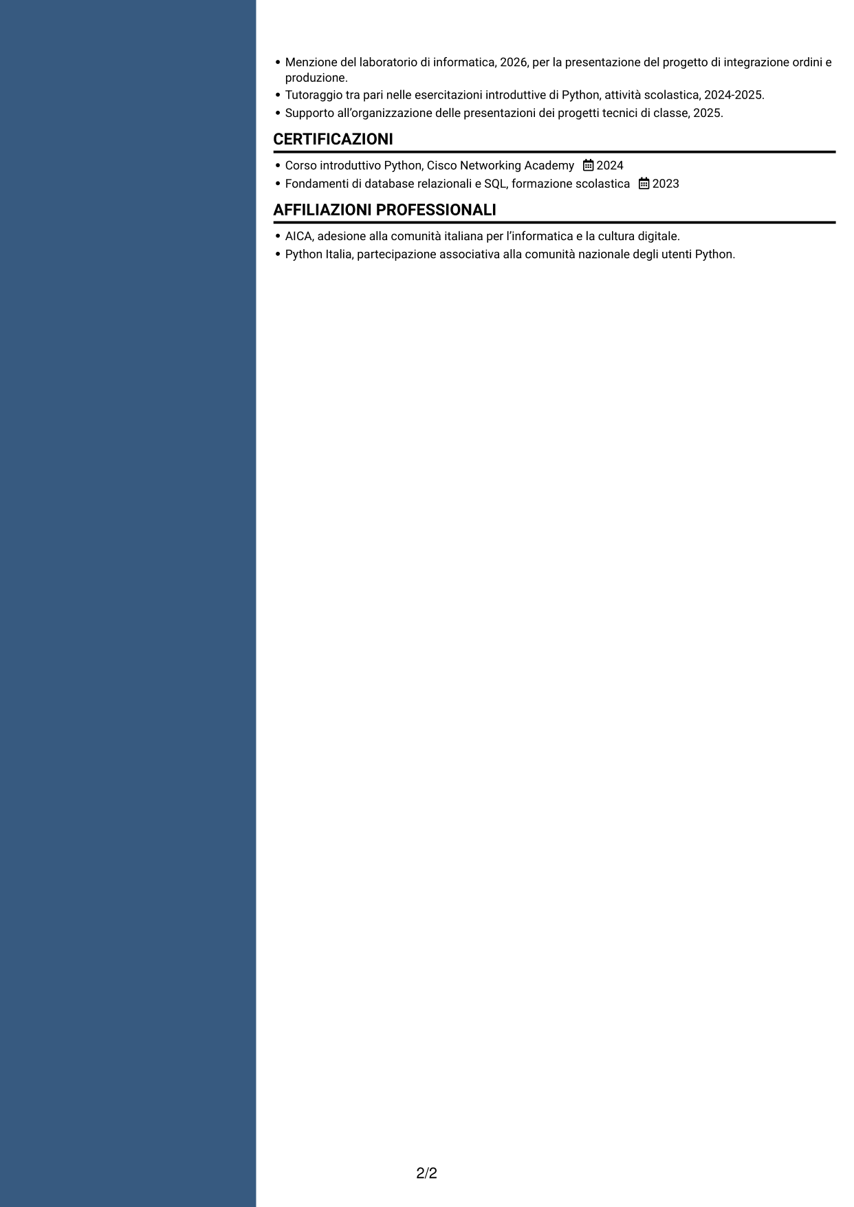 CV Signature (formato con colonna laterale colorata e foto grande): Tecnico informatico junior - Ordini e dati di produzione, pagina 2