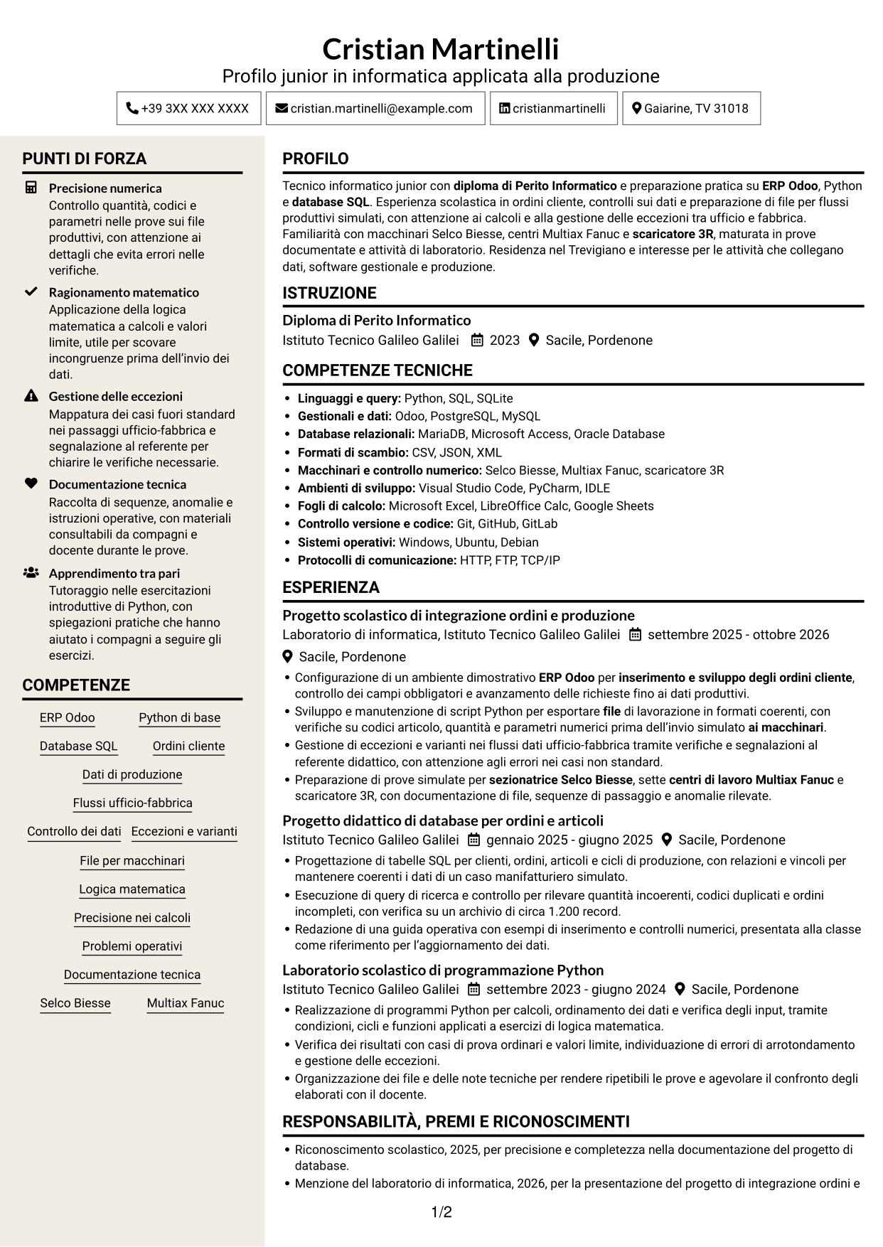 CV Intraprendente (formato a due colonne con intestazione centrata senza foto): Tecnico informatico junior - Ordini e dati di produzione, pagina 1