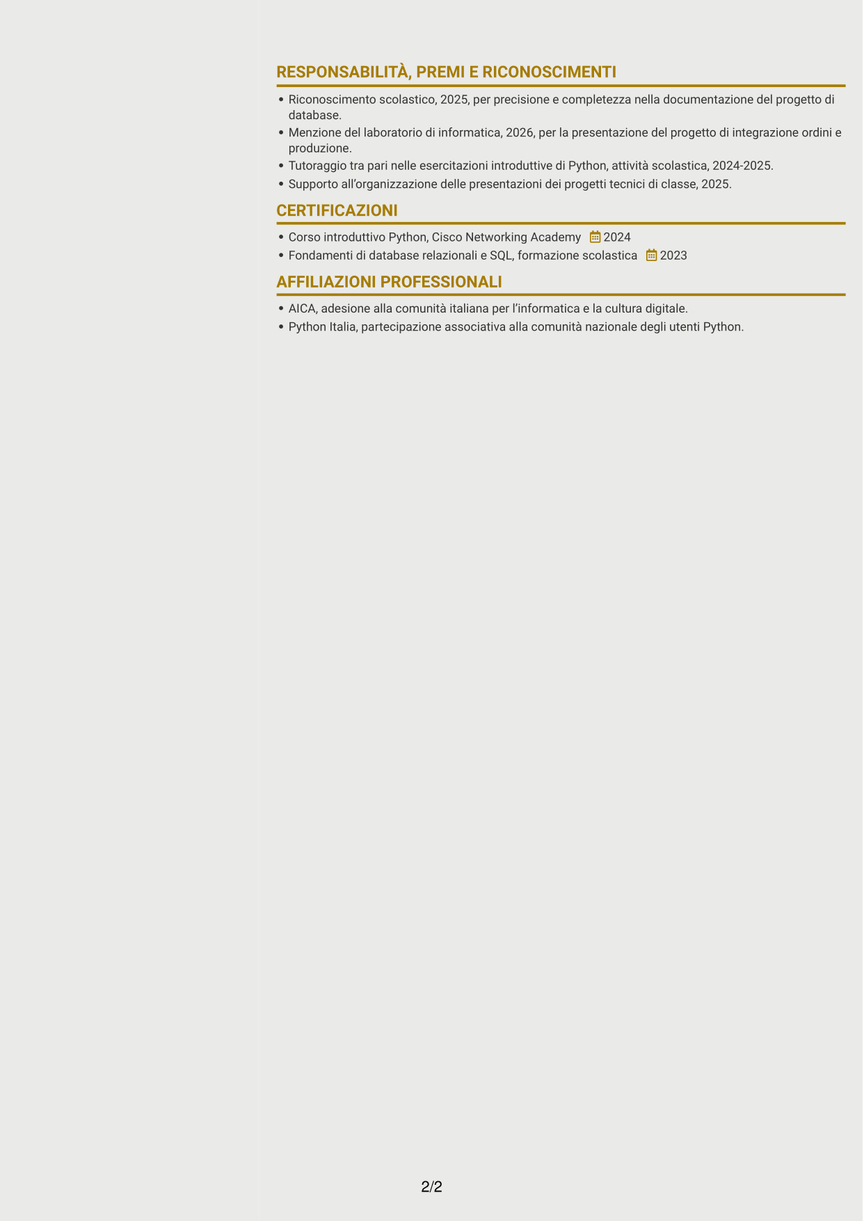 CV Dinamico (formato a due colonne con icone): Tecnico informatico junior - Ordini e dati di produzione, pagina 2