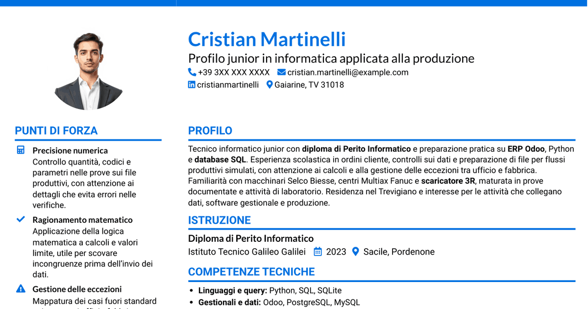 7 modelli di CV per Tecnico informatico junior - Ordini e dati di produzione, con esempi