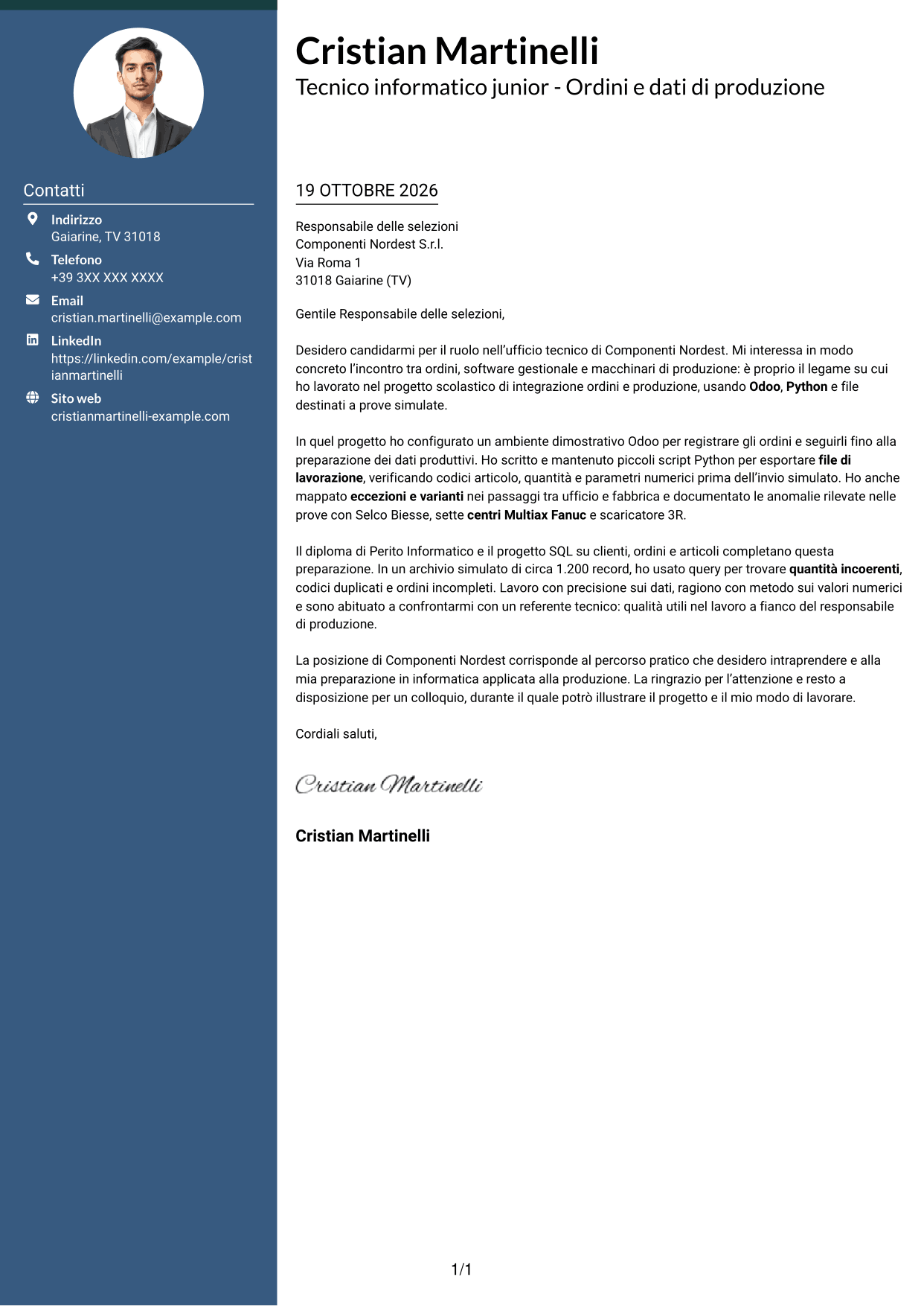 Lettera di presentazione Elegante (formato con colonna laterale colorata e foto): Tecnico informatico junior - Ordini e dati di produzione, pagina 1