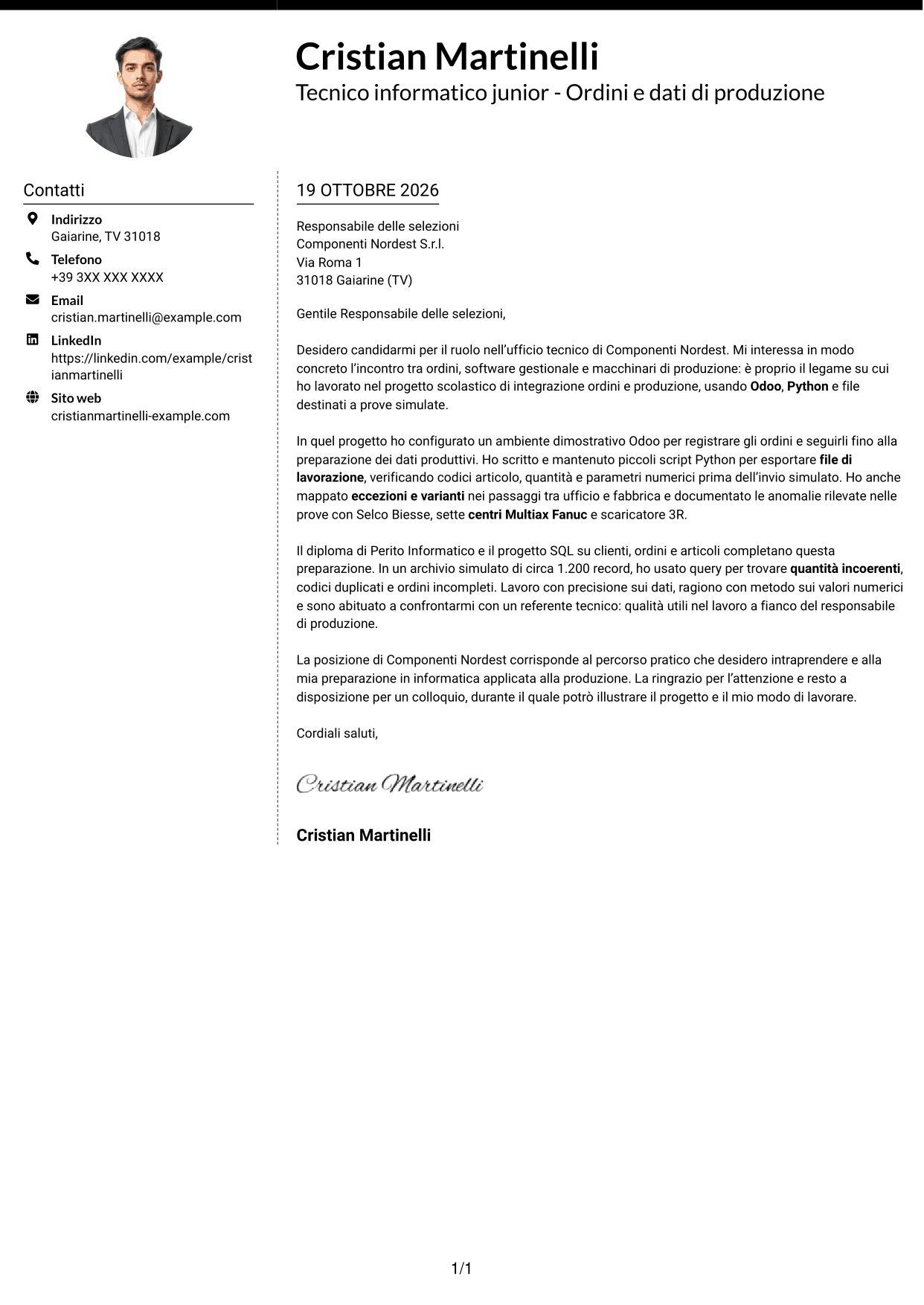 Lettera di presentazione Moderno (formato a due colonne con foto a sinistra e separatore): Tecnico informatico junior - Ordini e dati di produzione, pagina 1