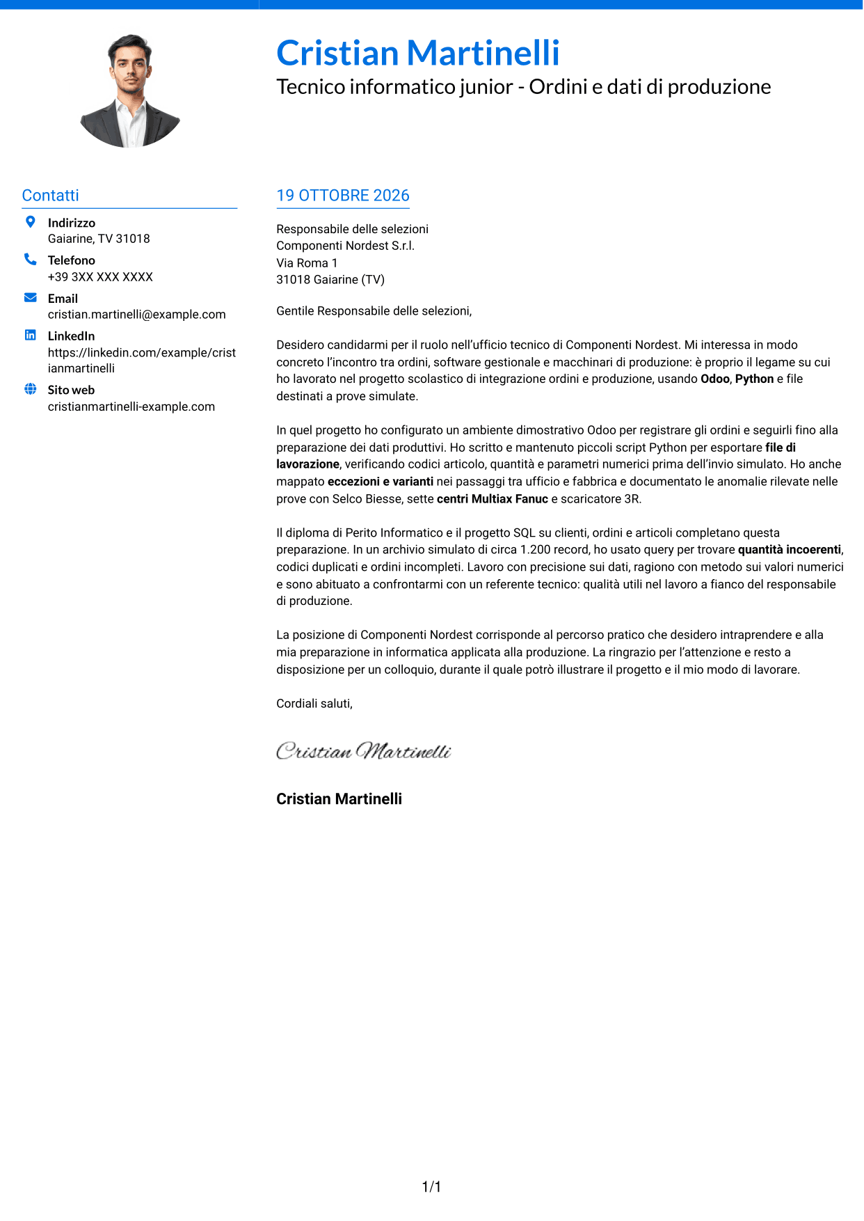 Lettera di presentazione Audace (formato a due colonne con accenti colorati e foto): Tecnico informatico junior - Ordini e dati di produzione, pagina 1