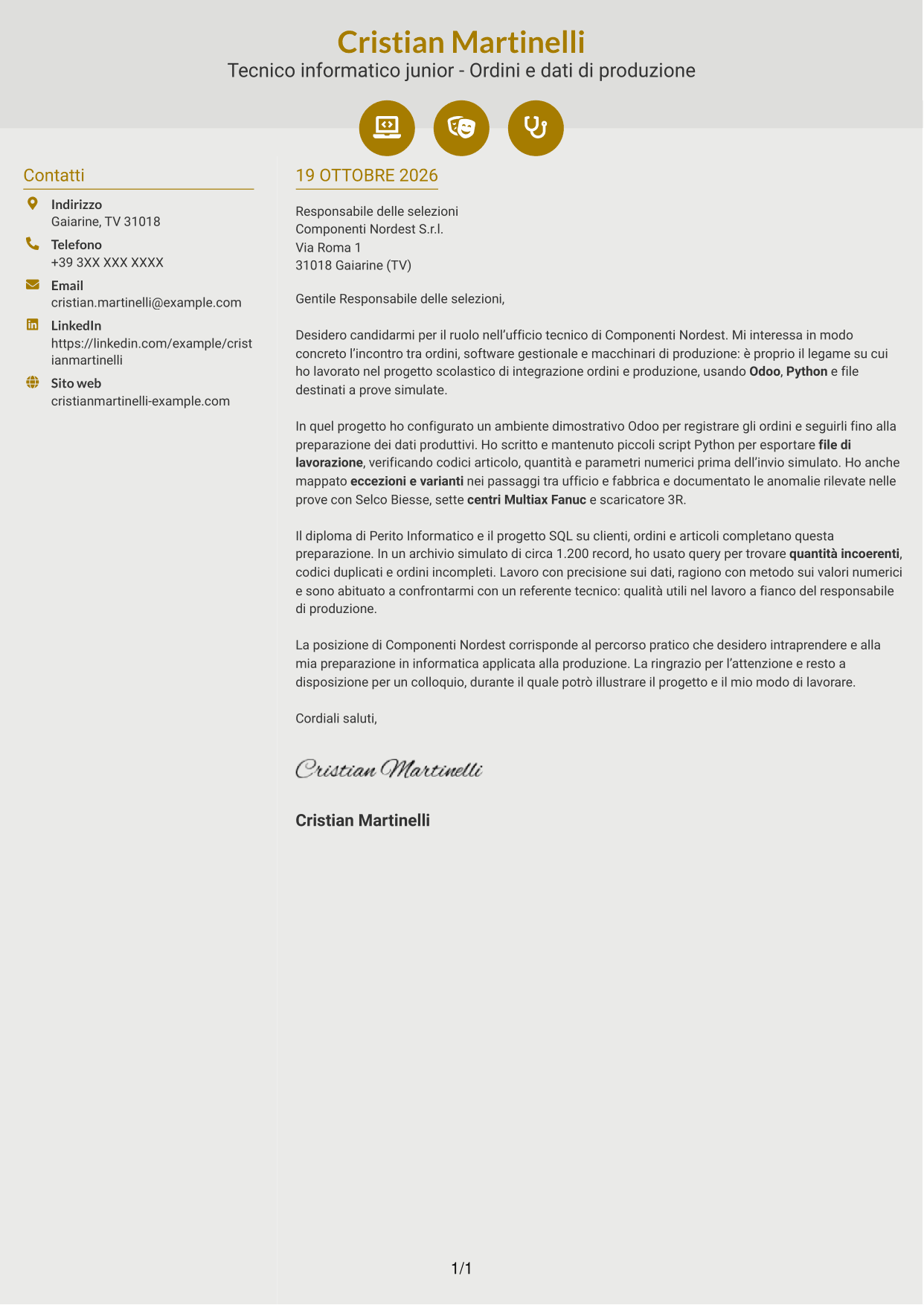 Lettera di presentazione Dinamico (formato a due colonne con icone): Tecnico informatico junior - Ordini e dati di produzione, pagina 1