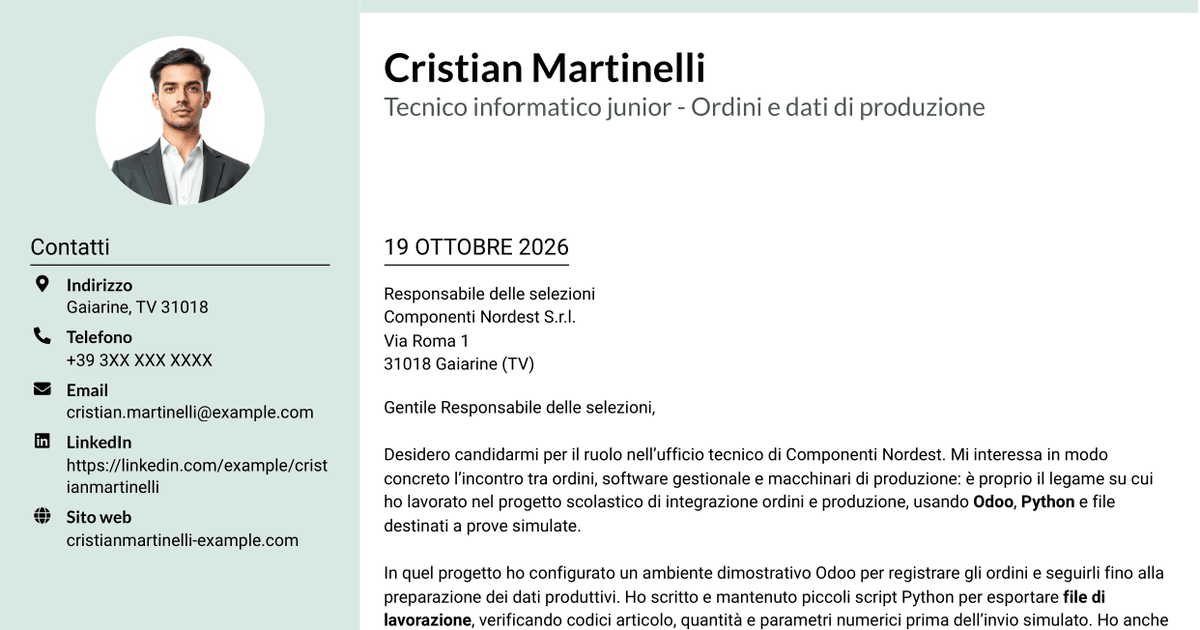 7 modelli di lettera di presentazione per Tecnico informatico junior - Ordini e dati di produzione, con esempi