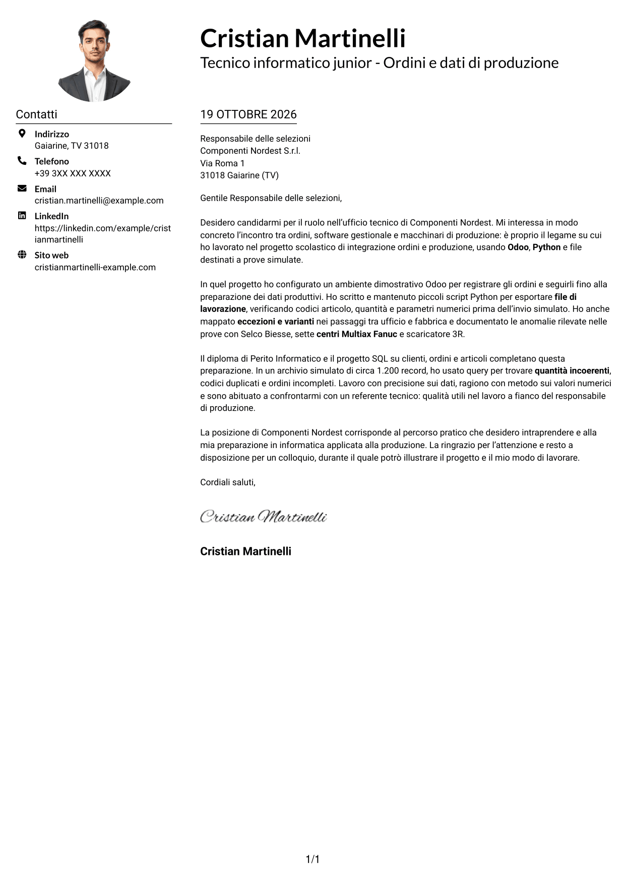 Esempio di lettera di presentazione — pagina 1