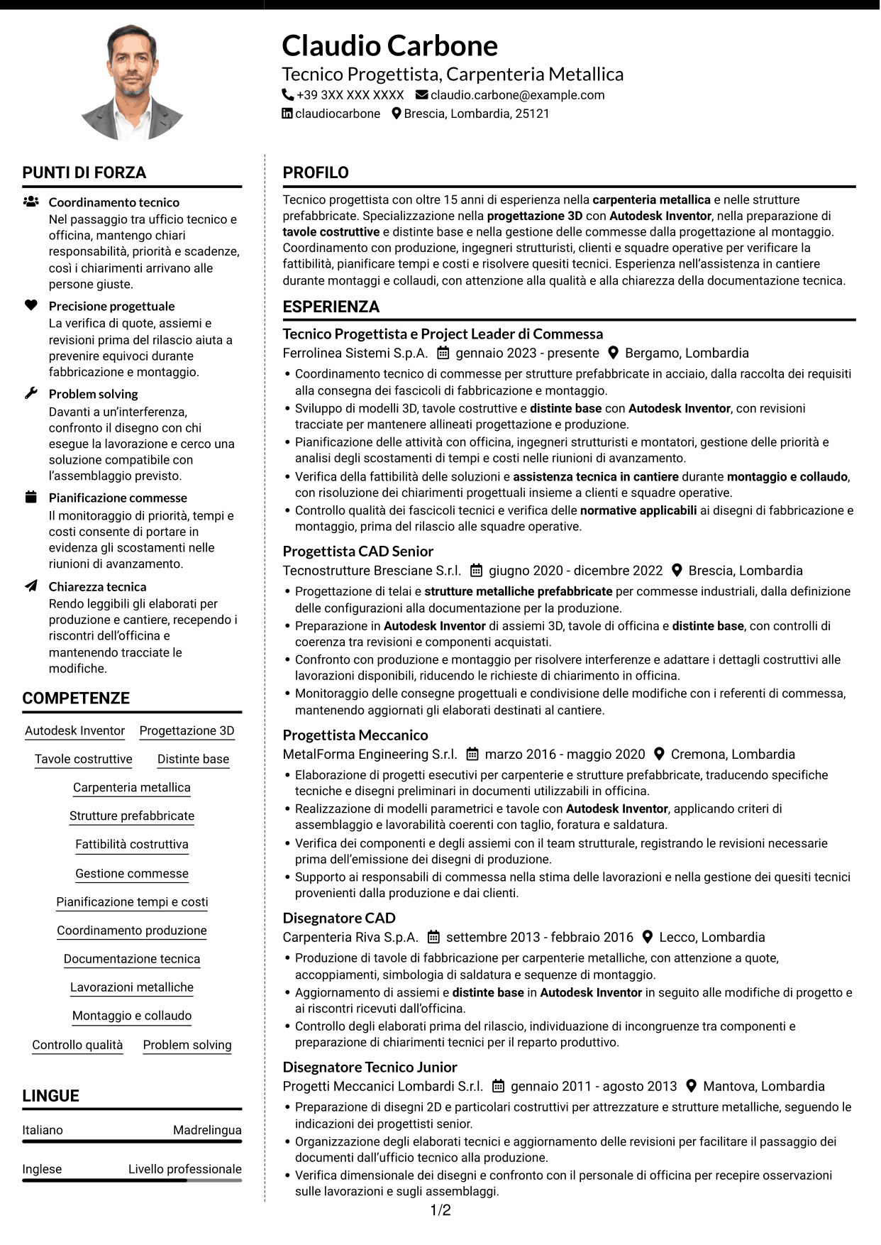 CV Moderno (formato a due colonne con foto a sinistra e separatore): Tecnico Progettista - Carpenteria Metallica, pagina 1