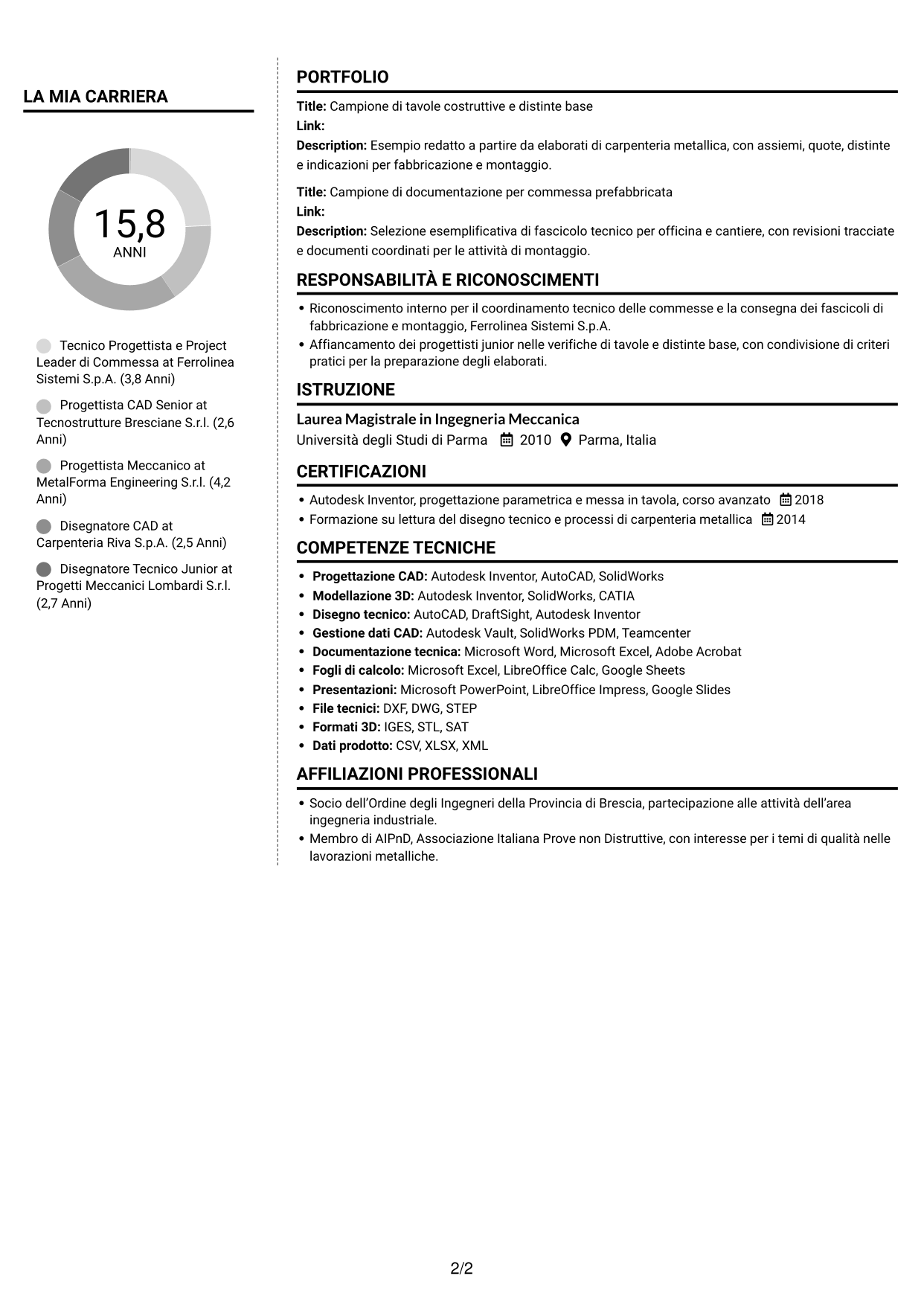 CV Moderno (formato a due colonne con foto a sinistra e separatore): Tecnico Progettista - Carpenteria Metallica, pagina 2