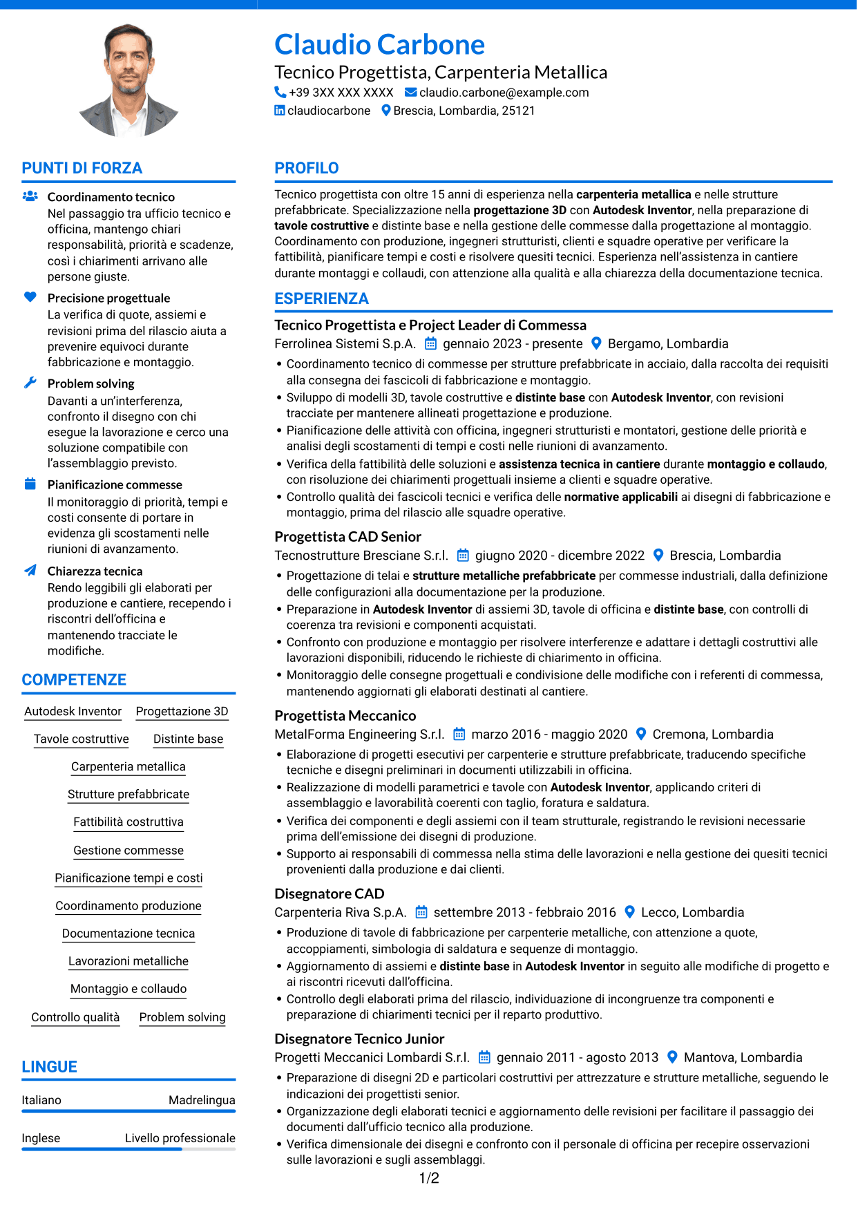 CV Audace (formato a due colonne con accenti colorati e foto): Tecnico Progettista - Carpenteria Metallica, pagina 1