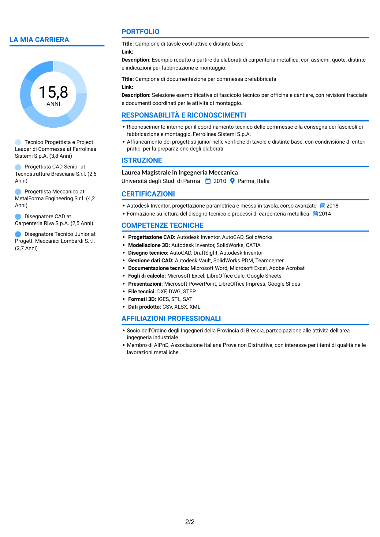 CV Audace (formato a due colonne con accenti colorati e foto): Tecnico Progettista - Carpenteria Metallica, pagina 2