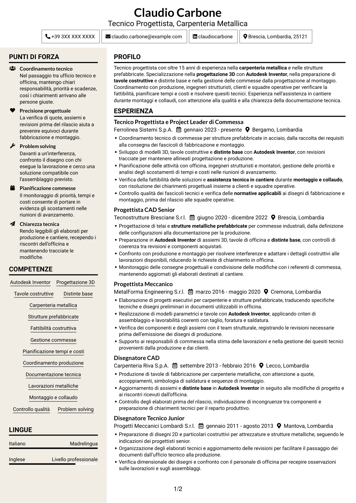 CV Intraprendente (formato a due colonne con intestazione centrata senza foto): Tecnico Progettista - Carpenteria Metallica, pagina 1
