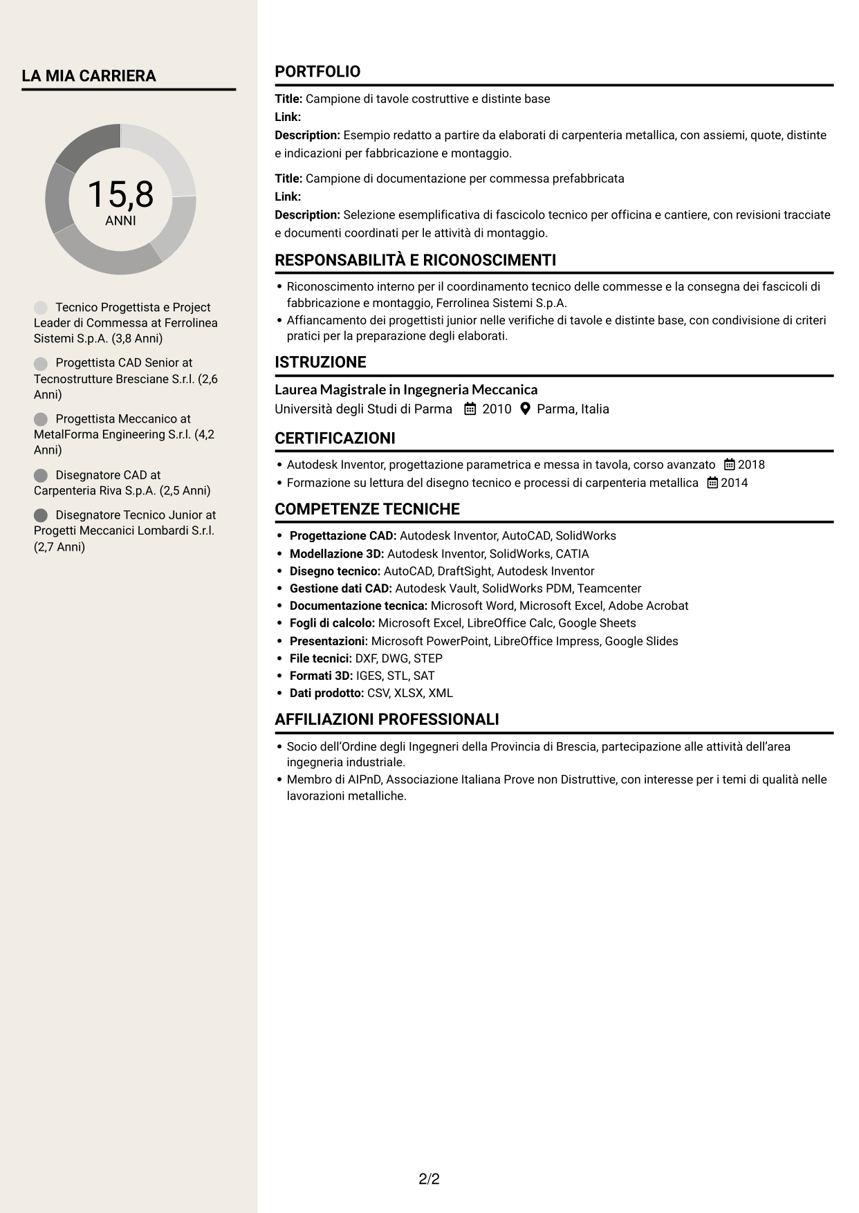 CV Intraprendente (formato a due colonne con intestazione centrata senza foto): Tecnico Progettista - Carpenteria Metallica, pagina 2