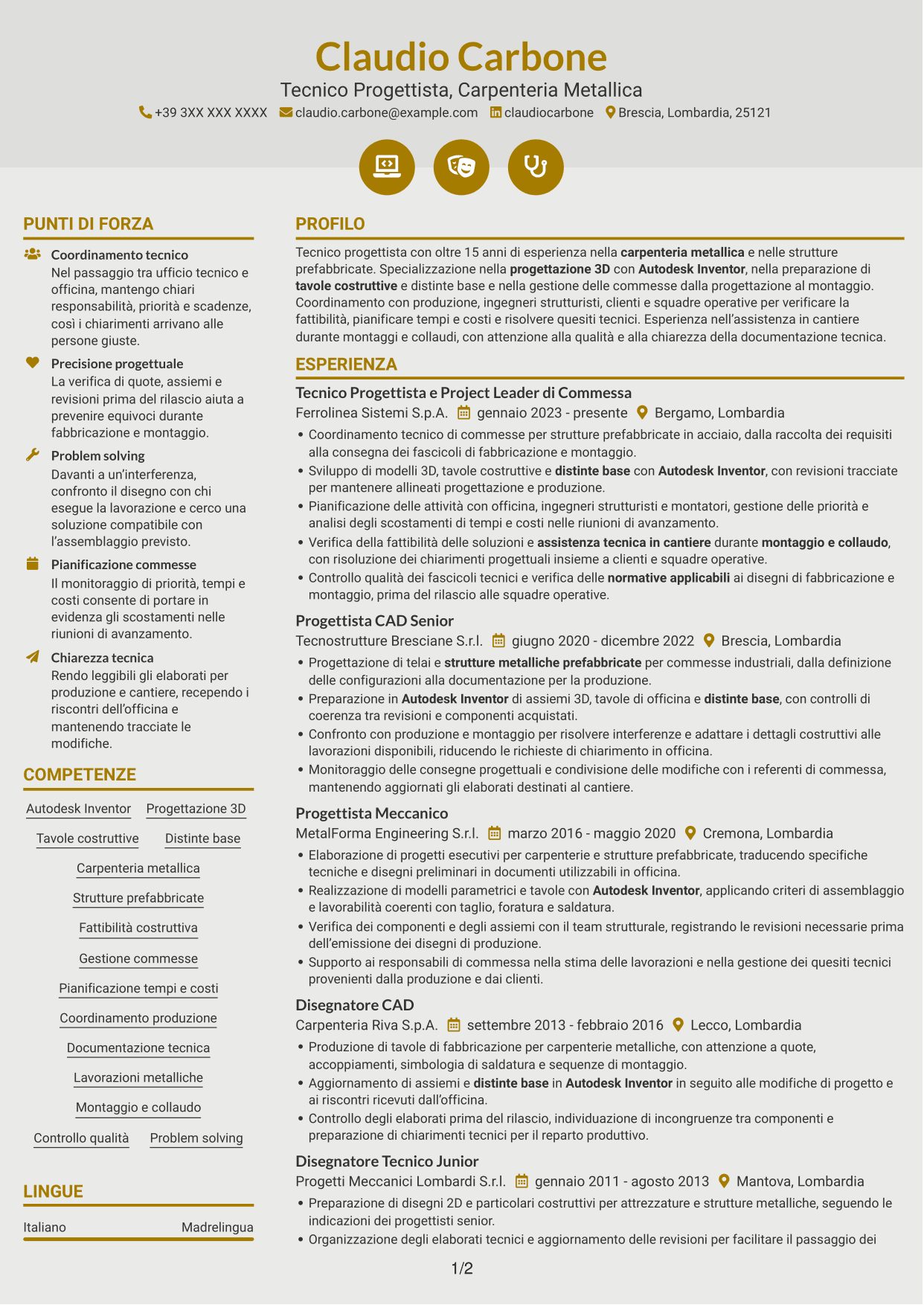 CV Dinamico (formato a due colonne con icone): Tecnico Progettista - Carpenteria Metallica, pagina 1