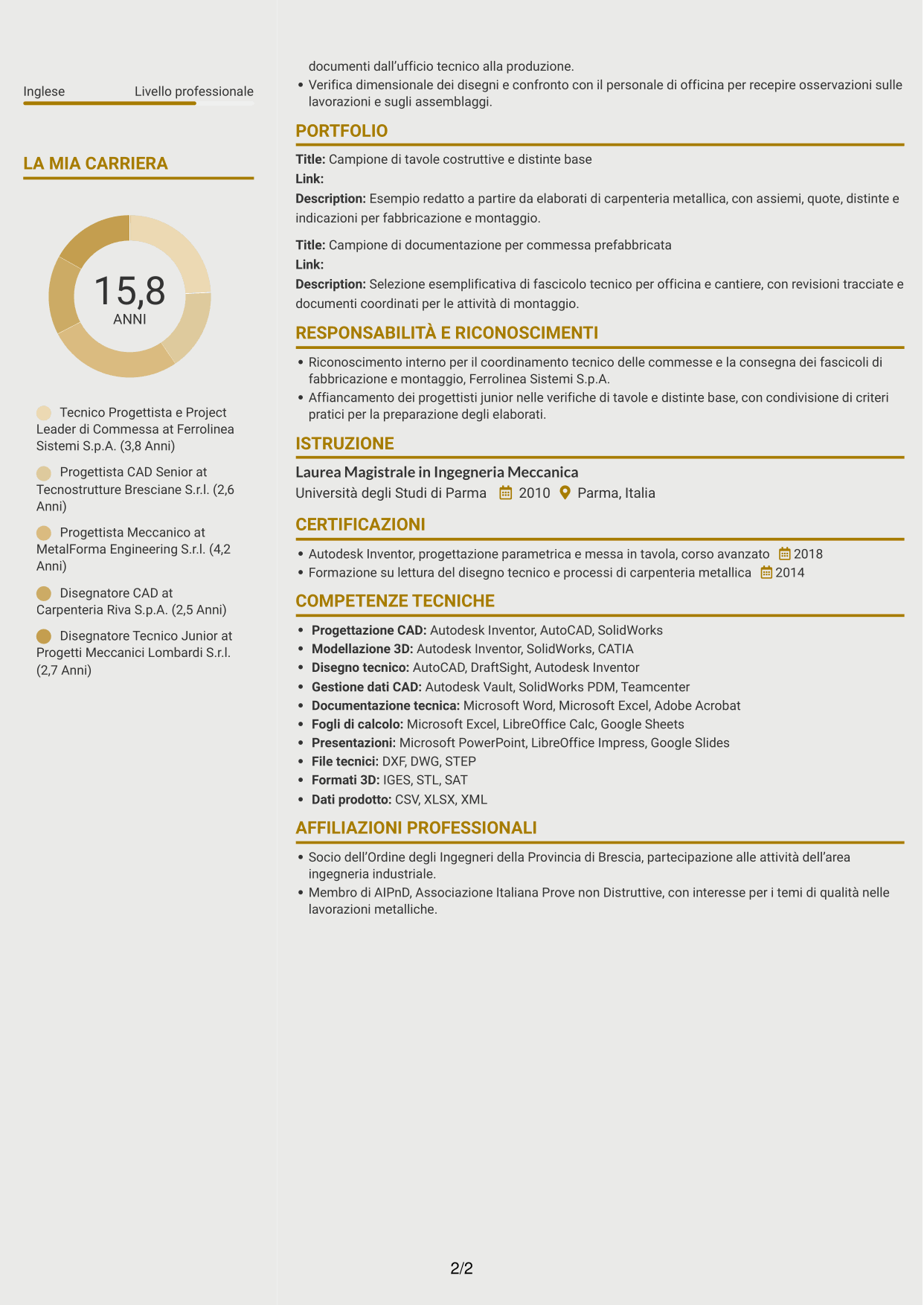 CV Dinamico (formato a due colonne con icone): Tecnico Progettista - Carpenteria Metallica, pagina 2