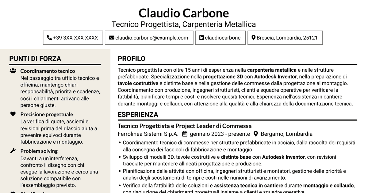 7 modelli di CV per Tecnico Progettista - Carpenteria Metallica, con esempi