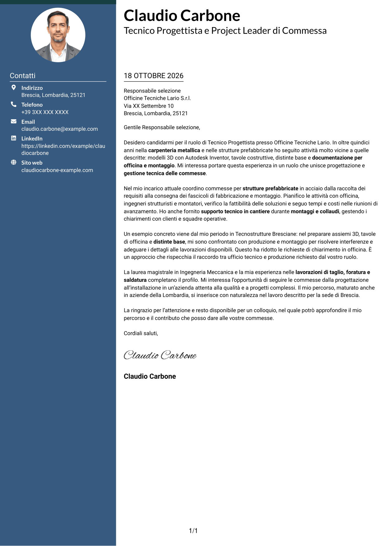 Lettera di presentazione Elegante (formato con colonna laterale colorata e foto): Tecnico Progettista - Carpenteria Metallica, pagina 1
