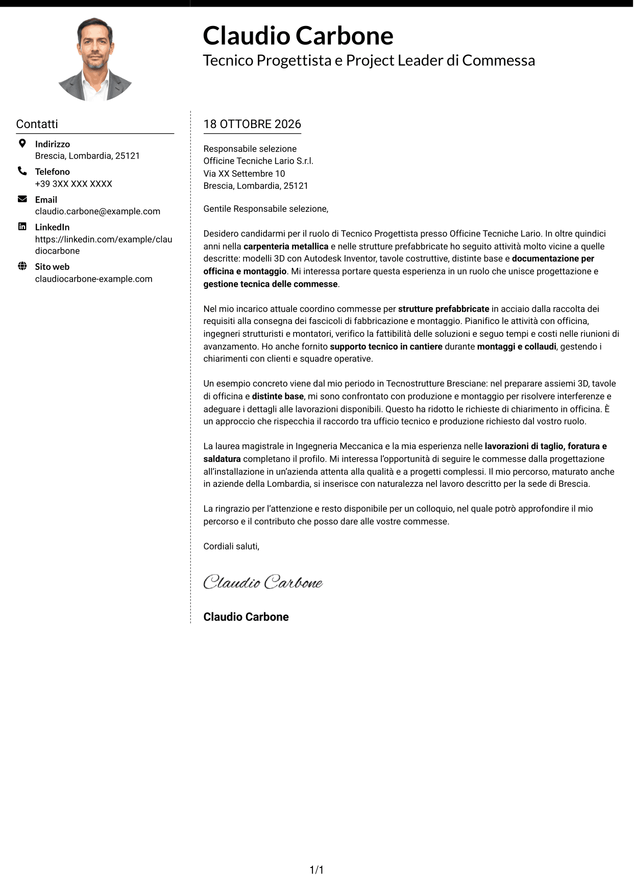 Lettera di presentazione Moderno (formato a due colonne con foto a sinistra e separatore): Tecnico Progettista - Carpenteria Metallica, pagina 1