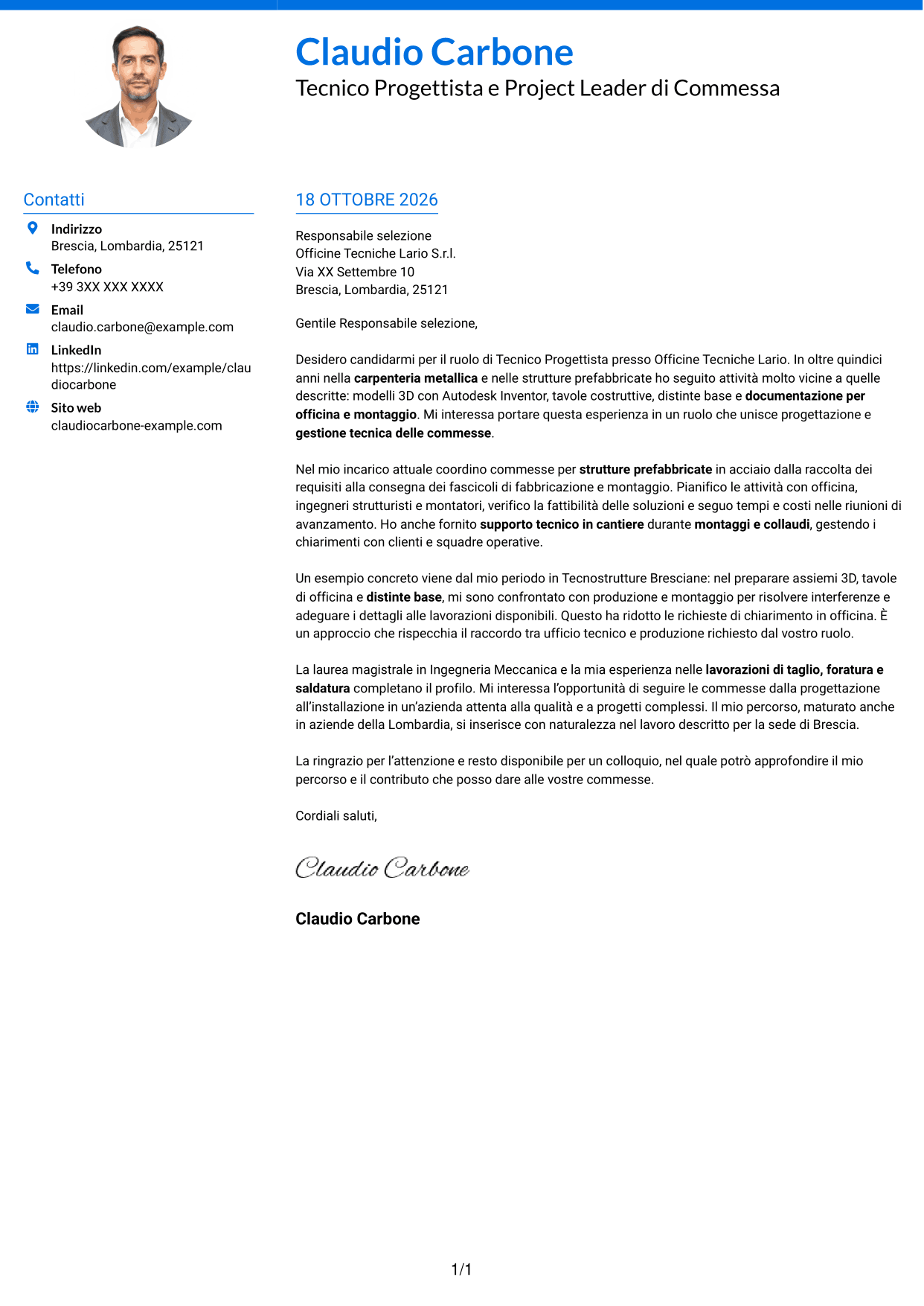 Lettera di presentazione Audace (formato a due colonne con accenti colorati e foto): Tecnico Progettista - Carpenteria Metallica, pagina 1