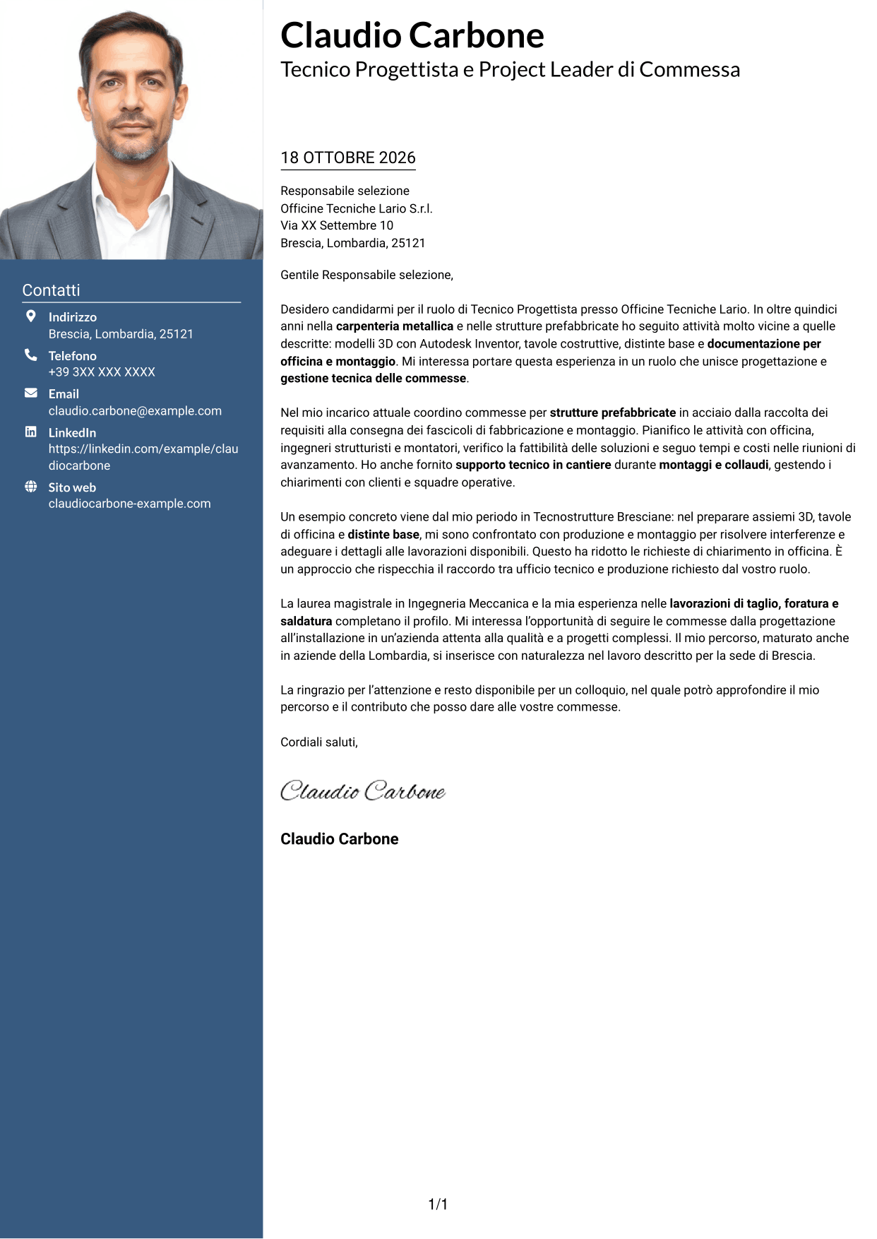 Lettera di presentazione Signature (formato con colonna laterale colorata e foto grande): Tecnico Progettista - Carpenteria Metallica, pagina 1