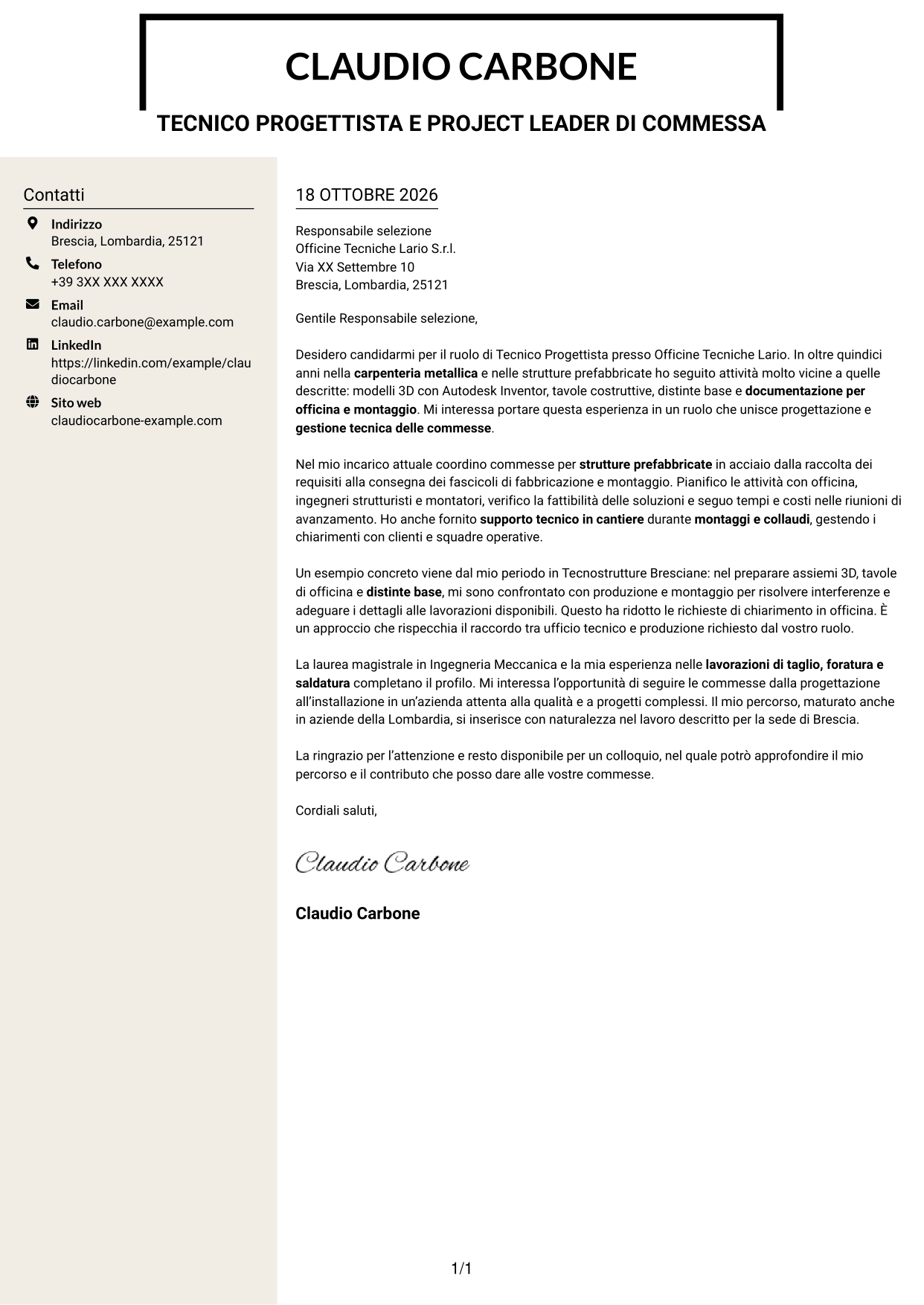 Lettera di presentazione Intraprendente (formato a due colonne con intestazione centrata senza foto): Tecnico Progettista - Carpenteria Metallica, pagina 1