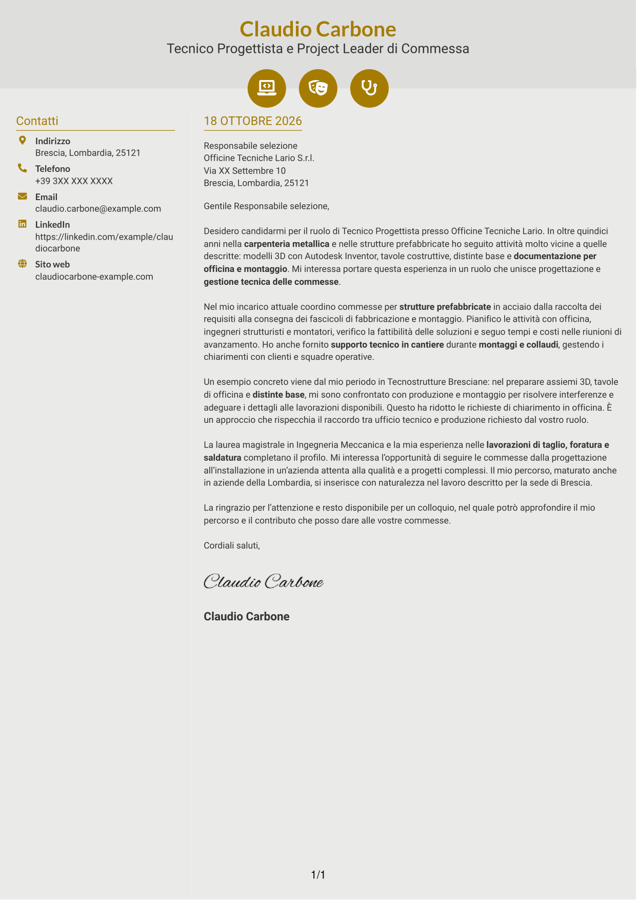 Lettera di presentazione Dinamico (formato a due colonne con icone): Tecnico Progettista - Carpenteria Metallica, pagina 1