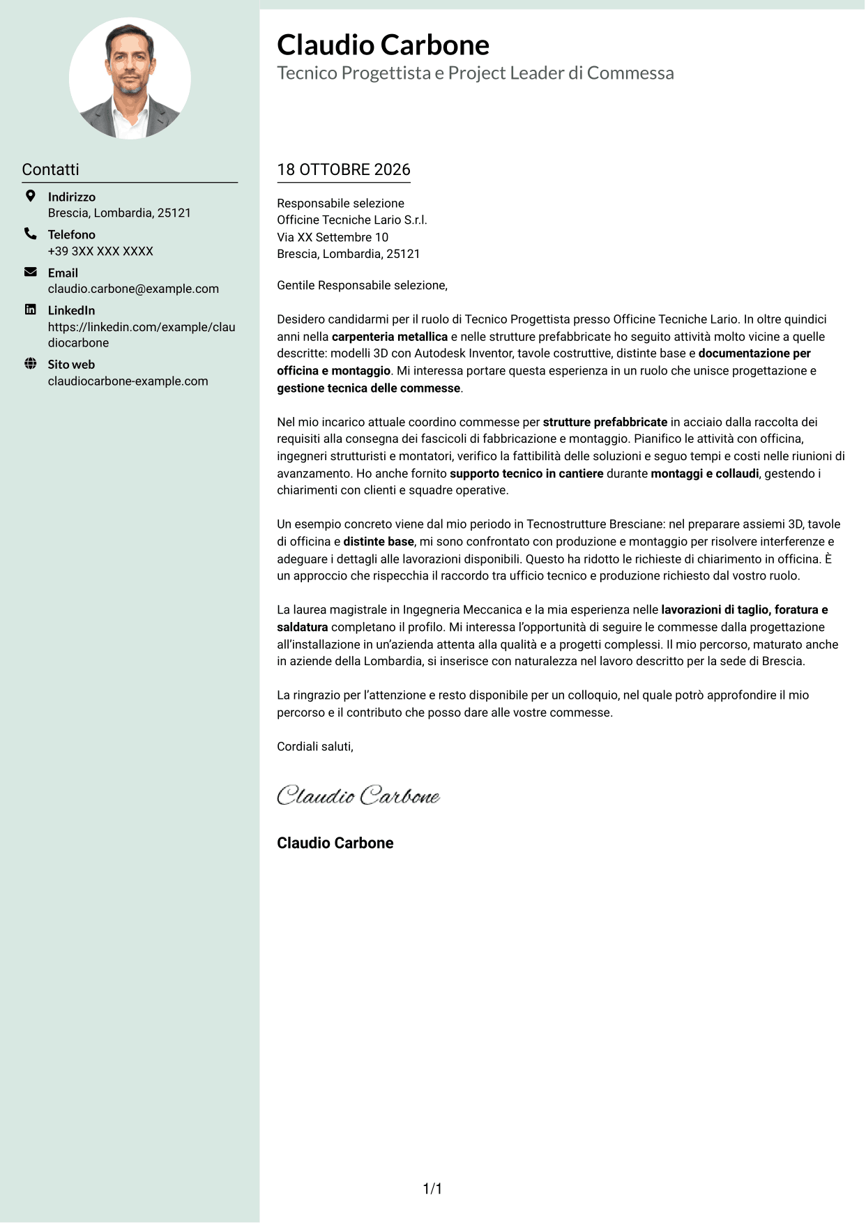 Lettera di presentazione Dirigente (formato con colonna laterale tenue e foto arrotondata): Tecnico Progettista - Carpenteria Metallica, pagina 1