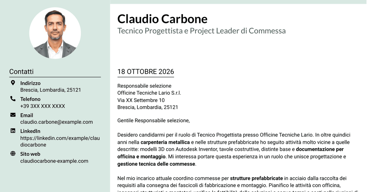 7 modelli di lettera di presentazione per Tecnico Progettista - Carpenteria Metallica, con esempi