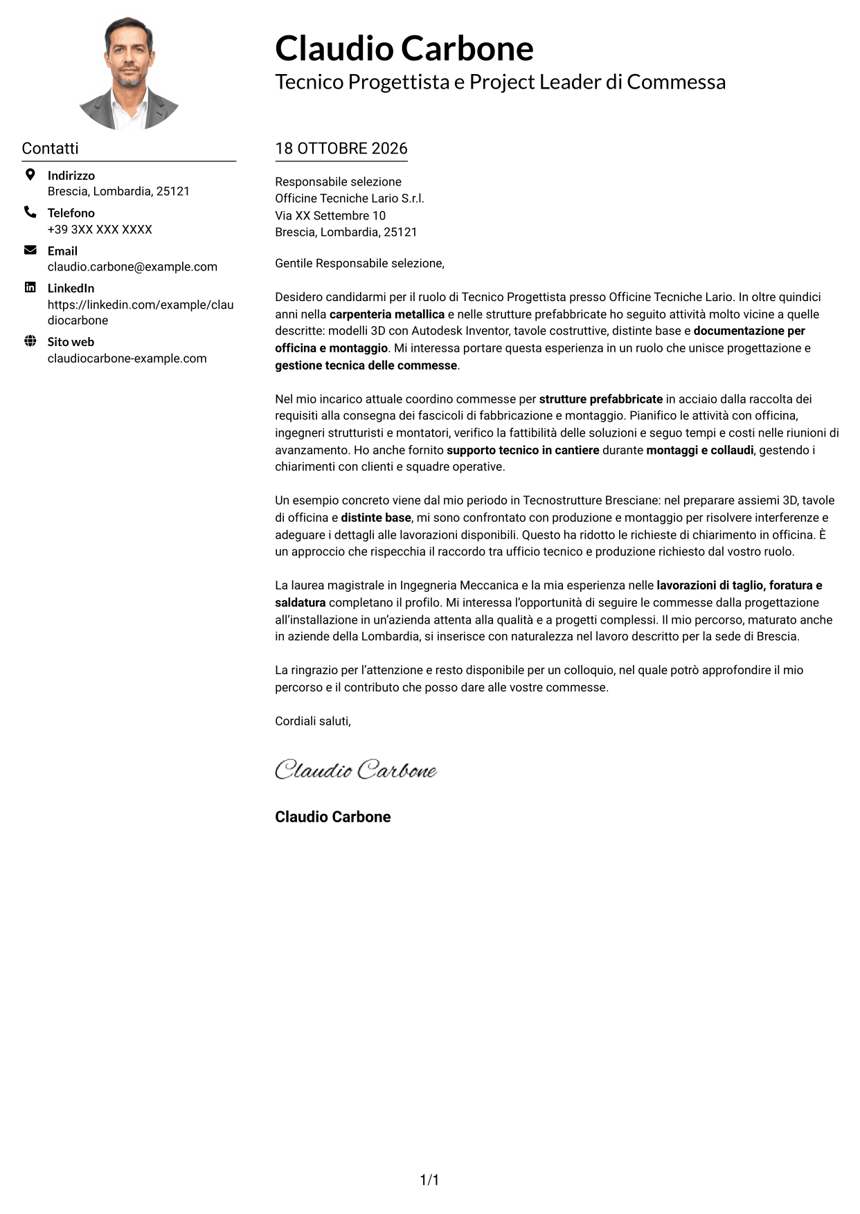 Esempio di lettera di presentazione — pagina 1