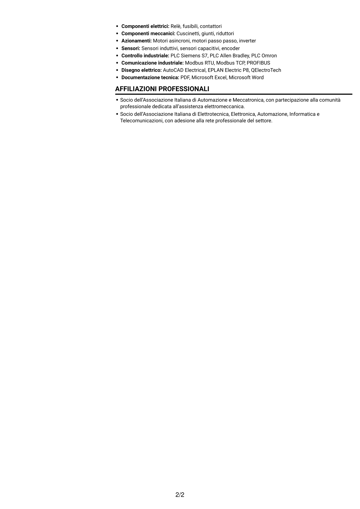 CV Compatto (formato sobrio a due colonne con foto): Tecnico Service - Assistenza elettromeccanica, pagina 2