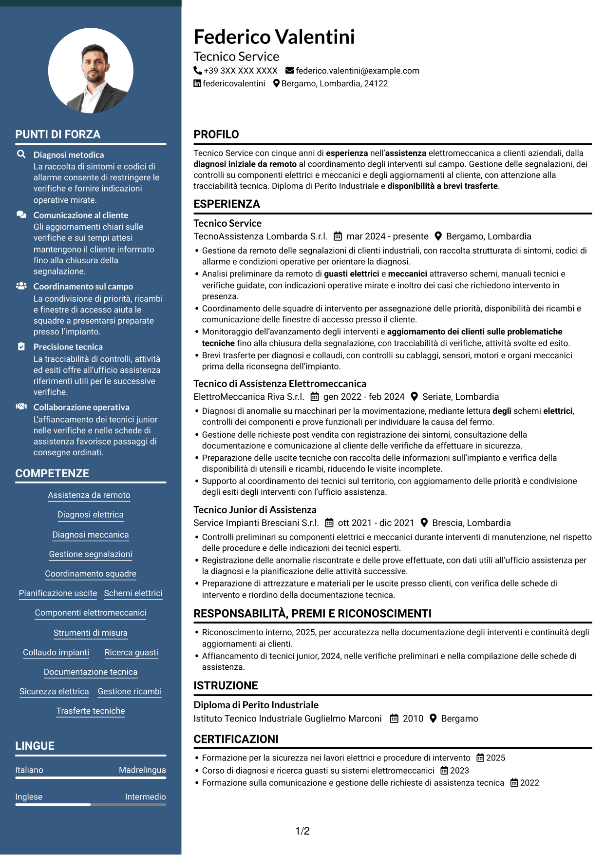 CV Elegante (formato con colonna laterale colorata e foto): Tecnico Service - Assistenza elettromeccanica, pagina 1