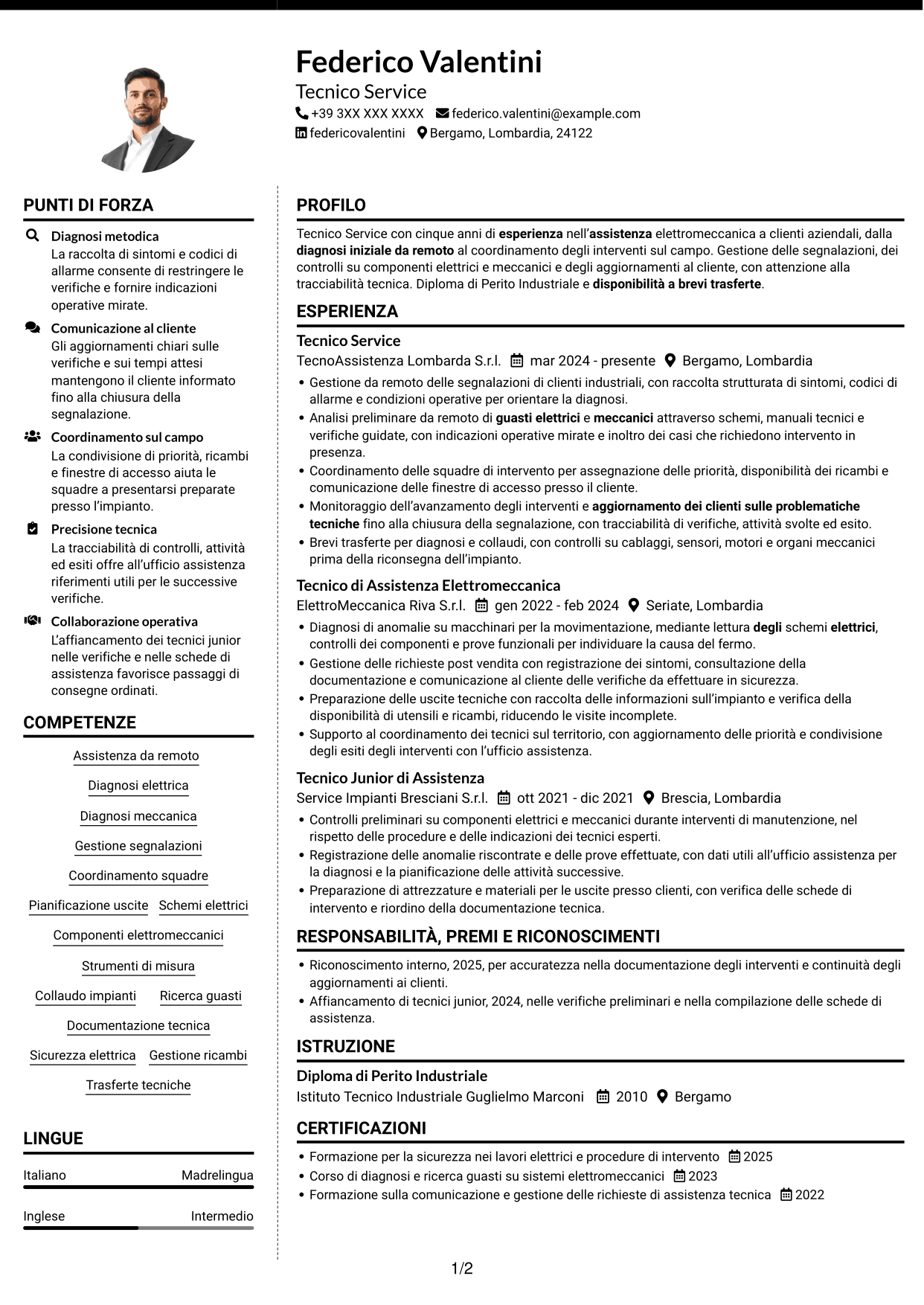 CV Moderno (formato a due colonne con foto a sinistra e separatore): Tecnico Service - Assistenza elettromeccanica, pagina 1