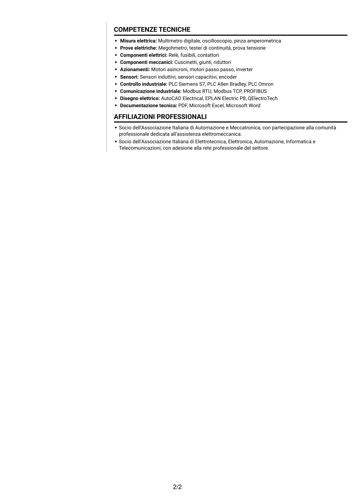 CV Moderno (formato a due colonne con foto a sinistra e separatore): Tecnico Service - Assistenza elettromeccanica, pagina 2