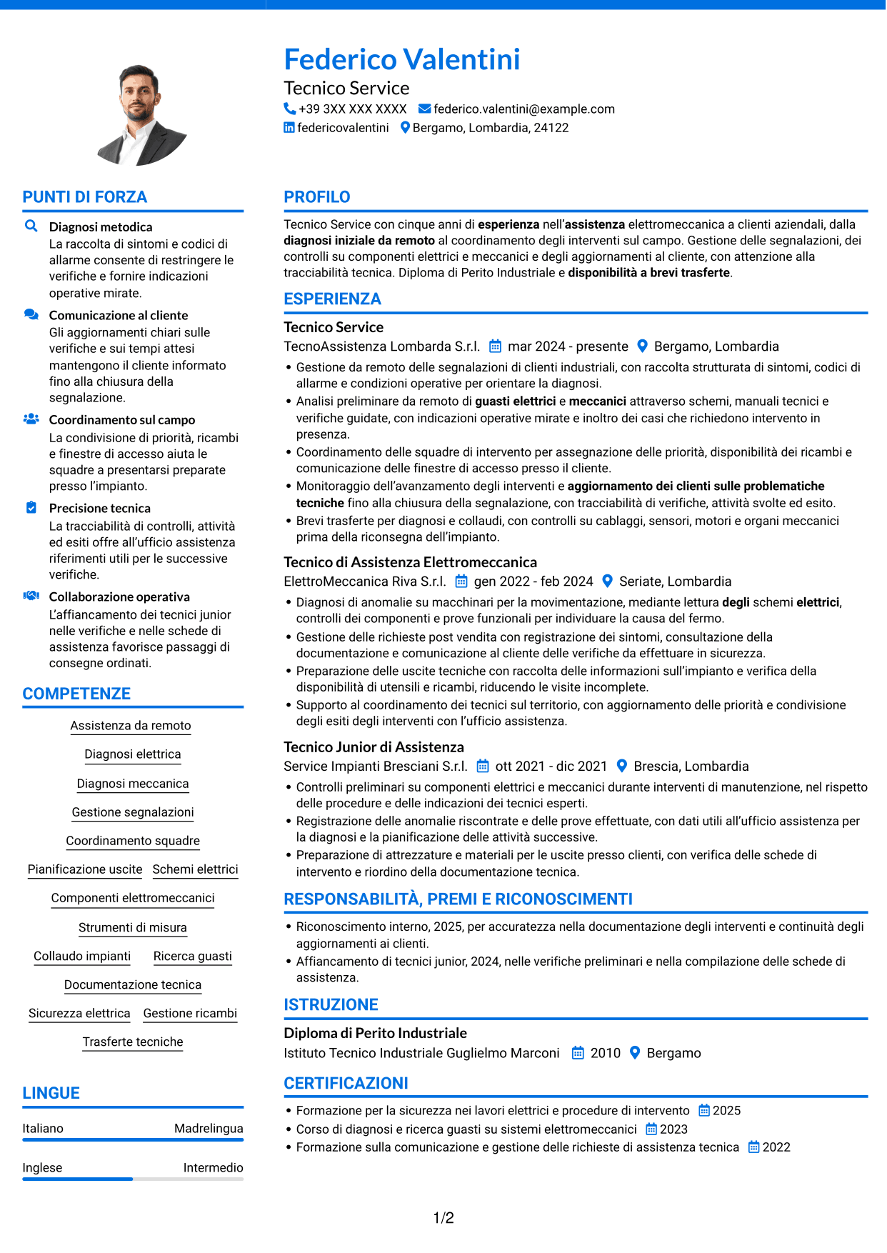 CV Audace (formato a due colonne con accenti colorati e foto): Tecnico Service - Assistenza elettromeccanica, pagina 1