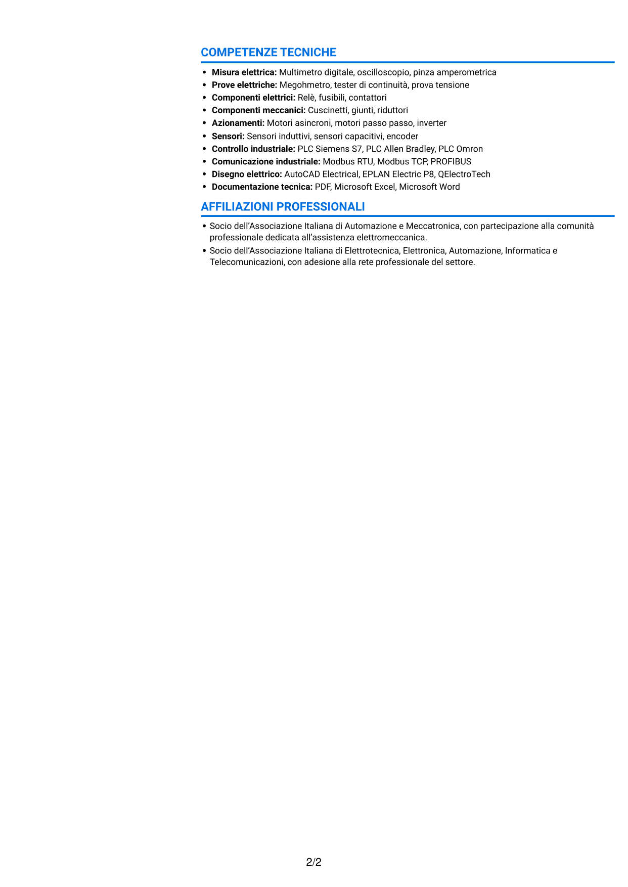 CV Audace (formato a due colonne con accenti colorati e foto): Tecnico Service - Assistenza elettromeccanica, pagina 2