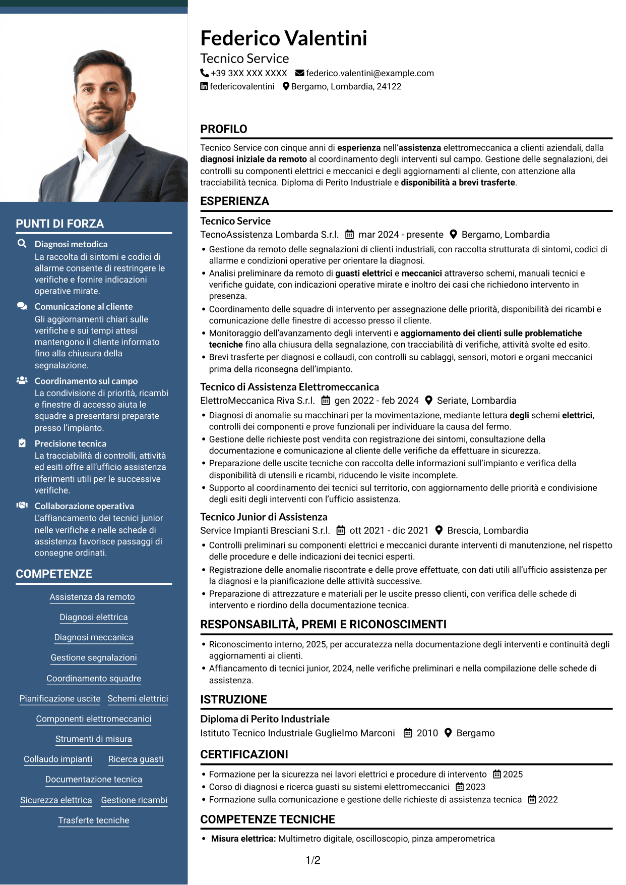 CV Signature (formato con colonna laterale colorata e foto grande): Tecnico Service - Assistenza elettromeccanica, pagina 1