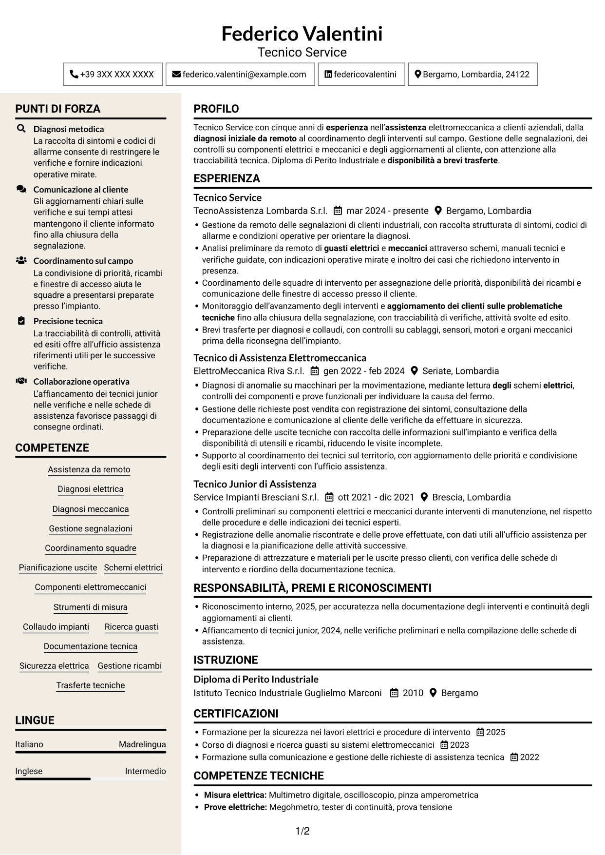 CV Intraprendente (formato a due colonne con intestazione centrata senza foto): Tecnico Service - Assistenza elettromeccanica, pagina 1