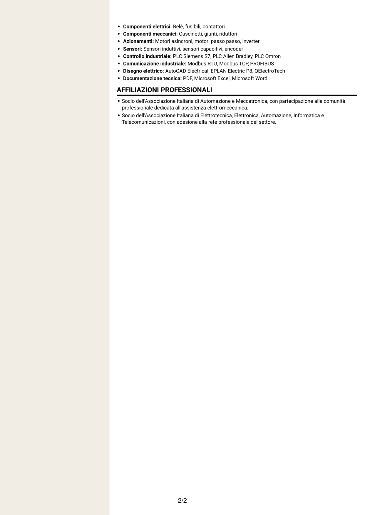 CV Intraprendente (formato a due colonne con intestazione centrata senza foto): Tecnico Service - Assistenza elettromeccanica, pagina 2