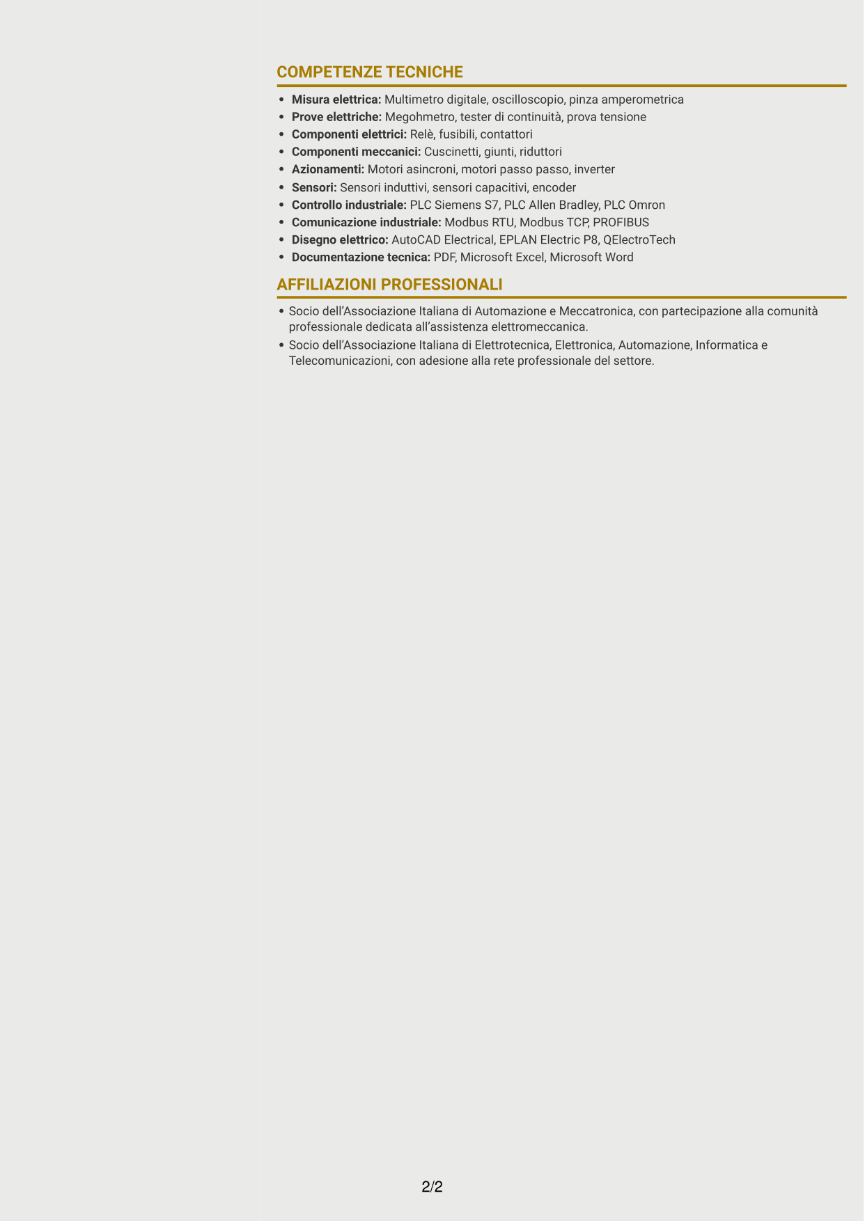 CV Dinamico (formato a due colonne con icone): Tecnico Service - Assistenza elettromeccanica, pagina 2