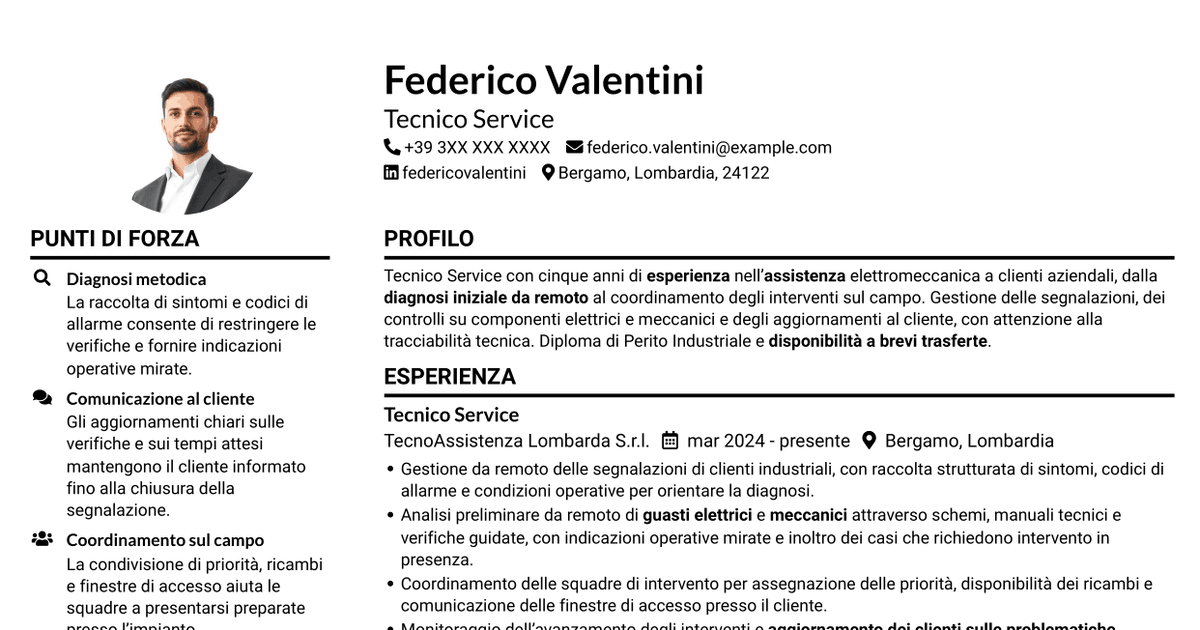7 modelli di CV per Tecnico Service - Assistenza elettromeccanica, con esempi