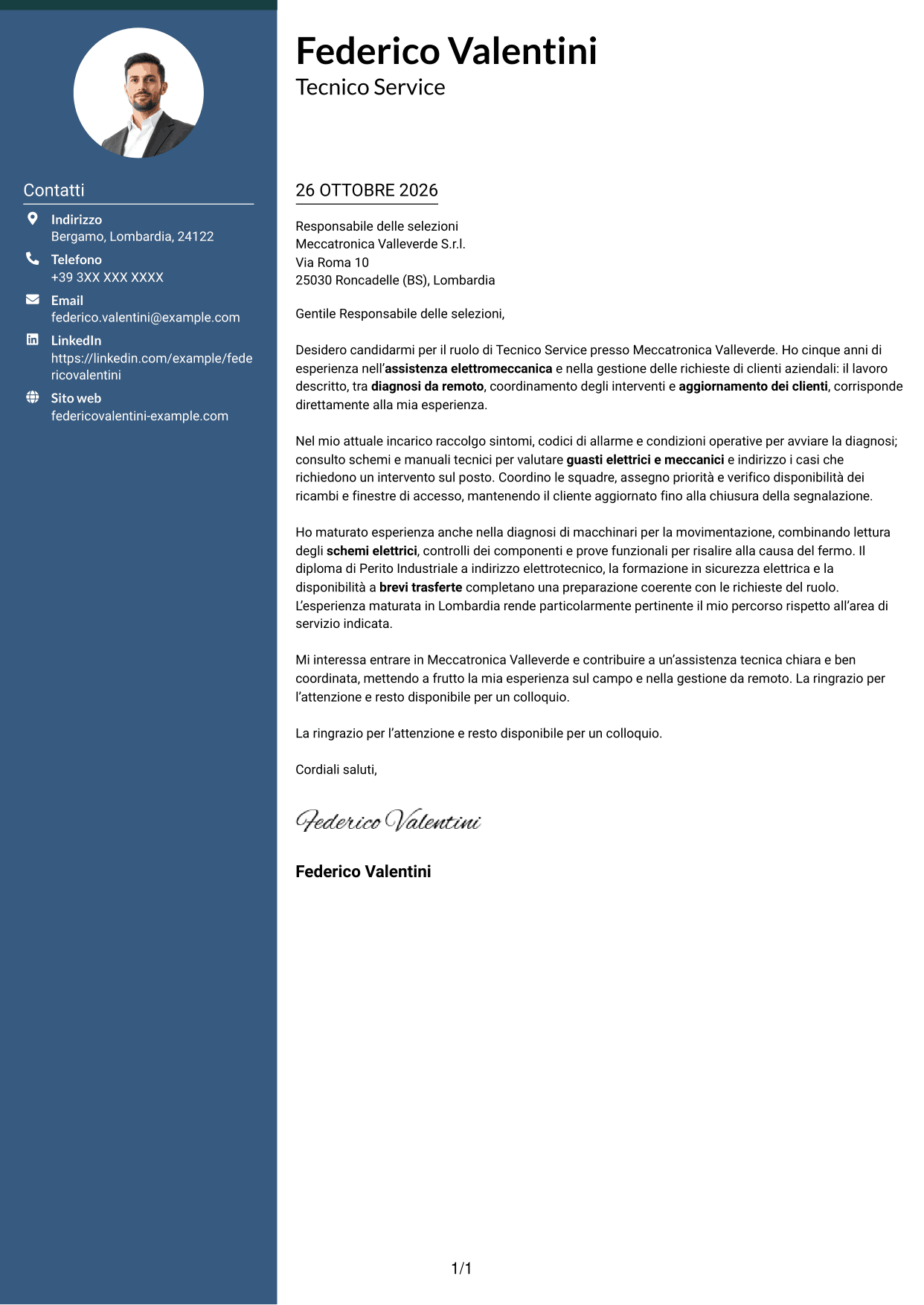 Lettera di presentazione Elegante (formato con colonna laterale colorata e foto): Tecnico Service - Assistenza elettromeccanica, pagina 1