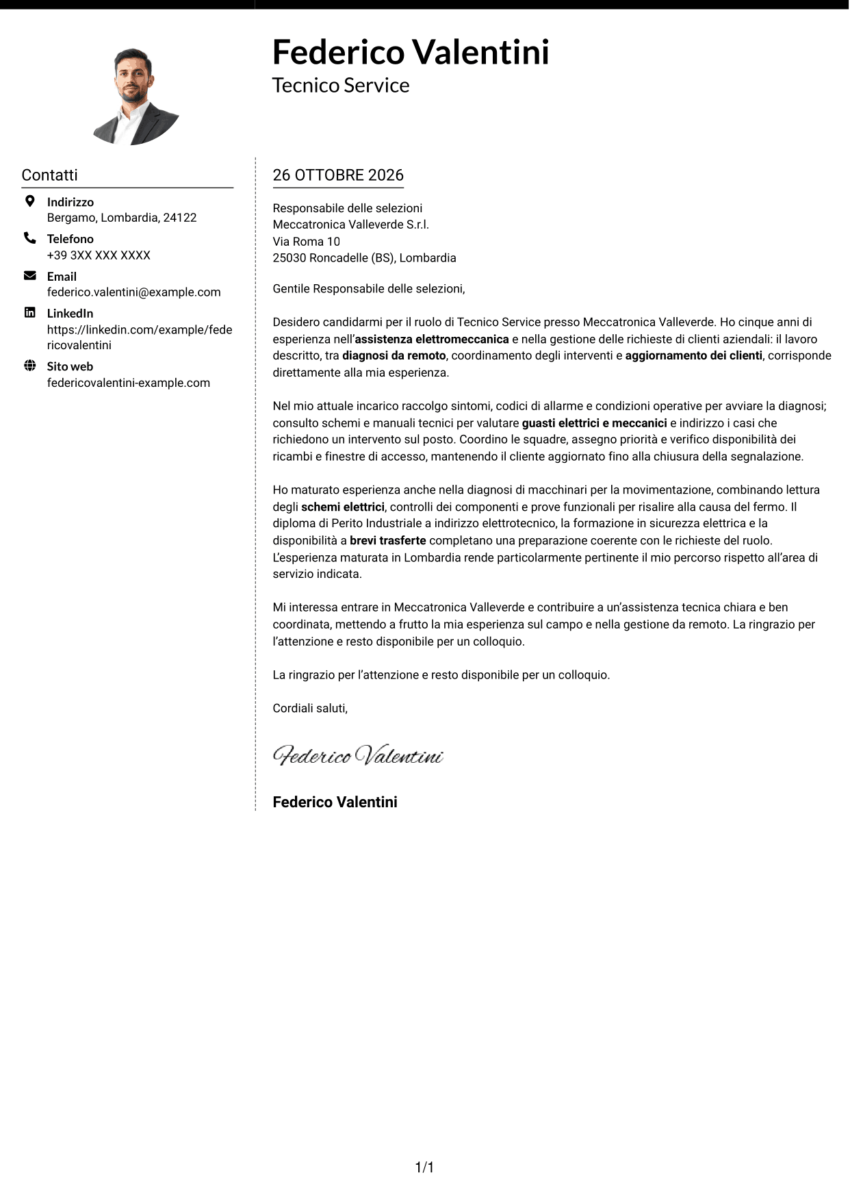 Lettera di presentazione Moderno (formato a due colonne con foto a sinistra e separatore): Tecnico Service - Assistenza elettromeccanica, pagina 1