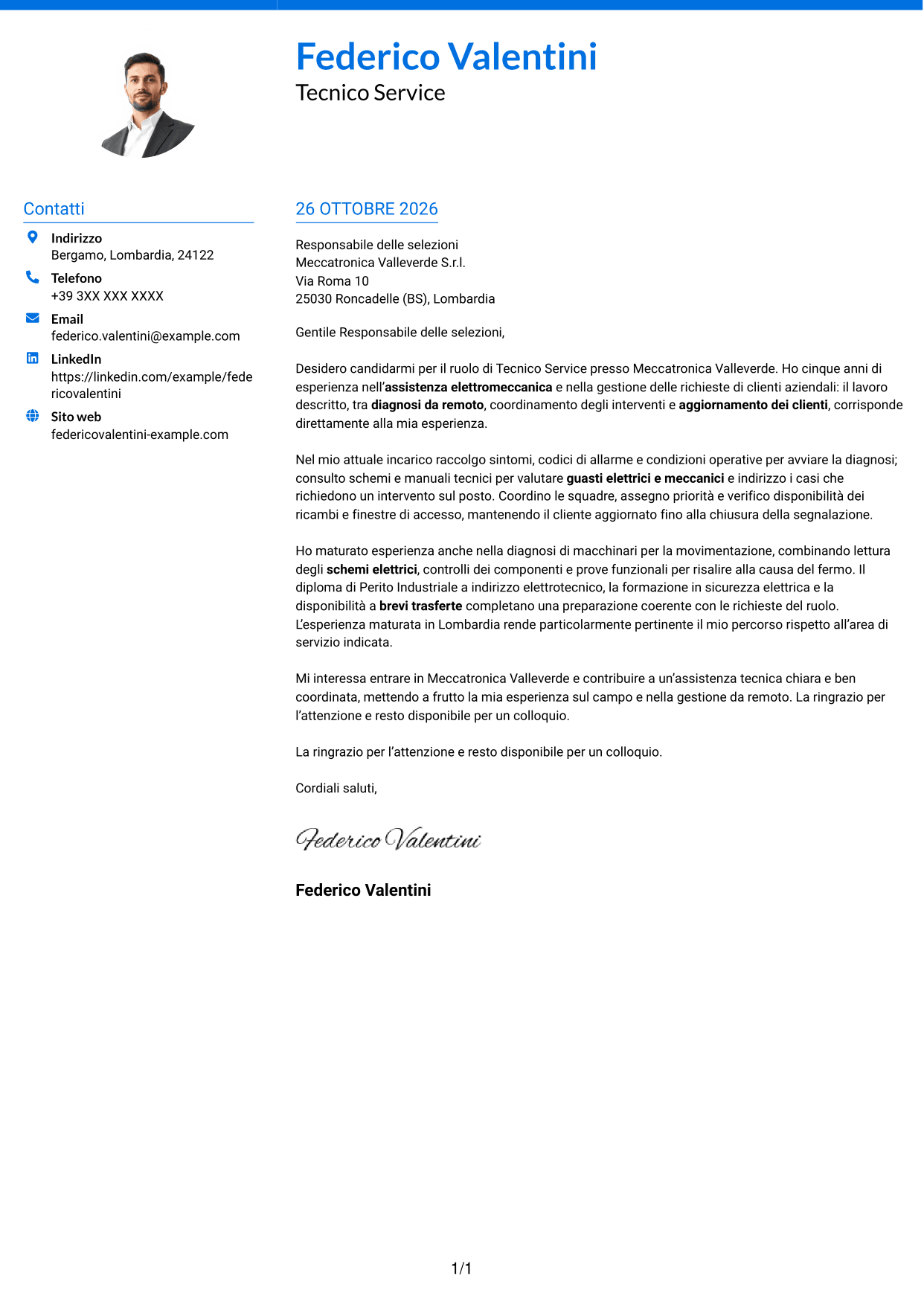 Lettera di presentazione Audace (formato a due colonne con accenti colorati e foto): Tecnico Service - Assistenza elettromeccanica, pagina 1