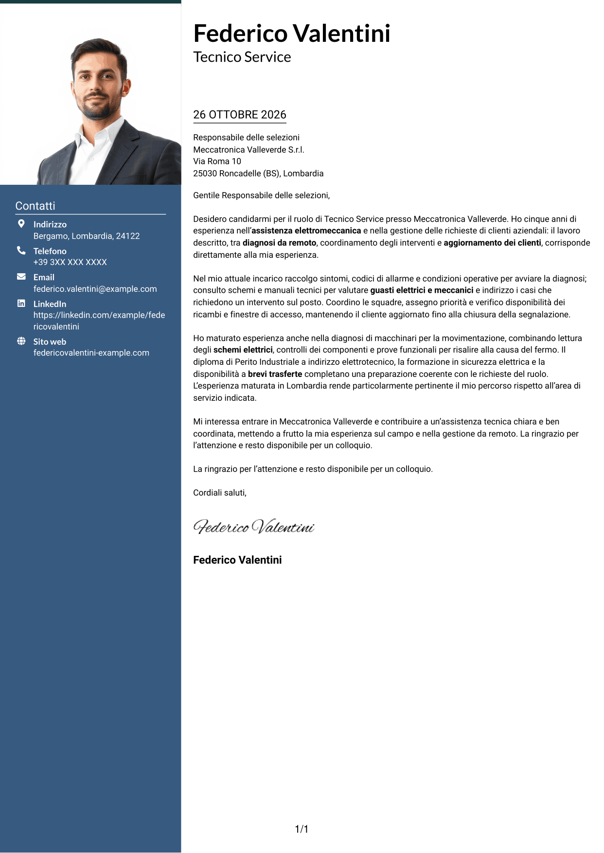 Lettera di presentazione Signature (formato con colonna laterale colorata e foto grande): Tecnico Service - Assistenza elettromeccanica, pagina 1