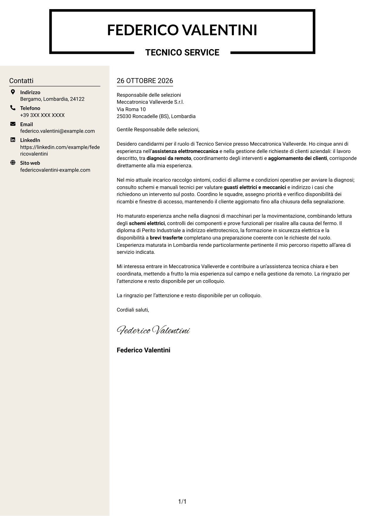 Lettera di presentazione Intraprendente (formato a due colonne con intestazione centrata senza foto): Tecnico Service - Assistenza elettromeccanica, pagina 1